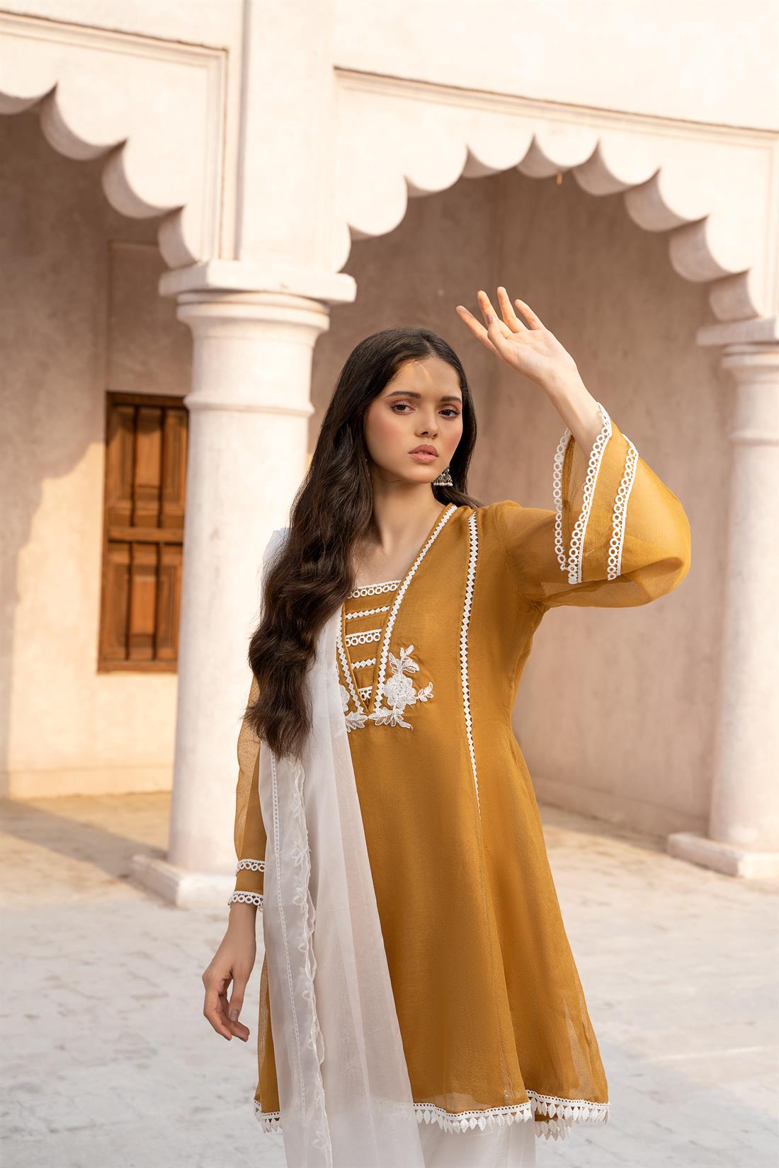 Mustard Printed Organza Zoya Collections