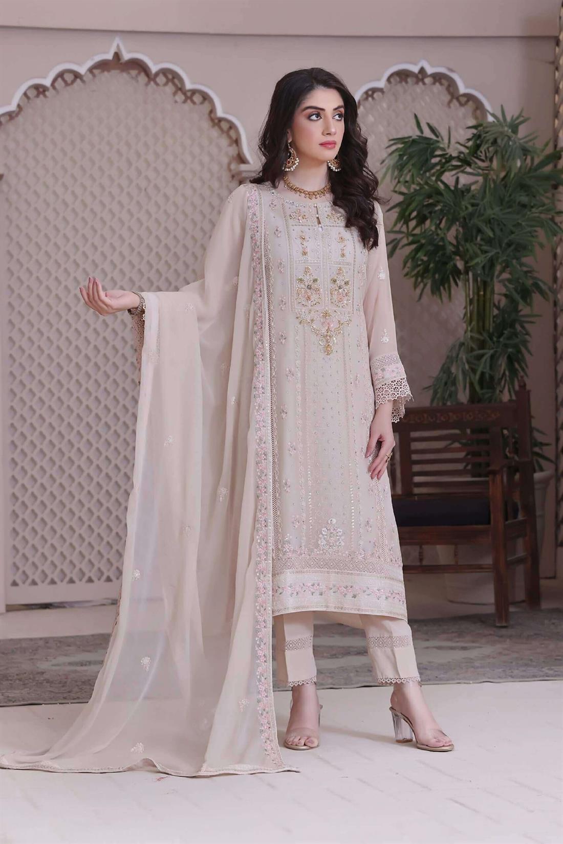 Beige Embroidered Raw Silk Luxury Pret 3 Piece Handwork Chiffon Dresses