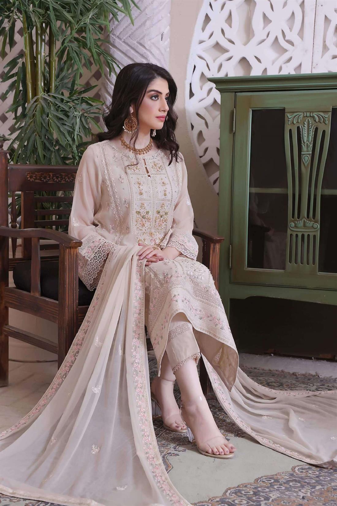 Beige Embroidered Raw Silk Luxury Pret 3 Piece Handwork Chiffon Dresses