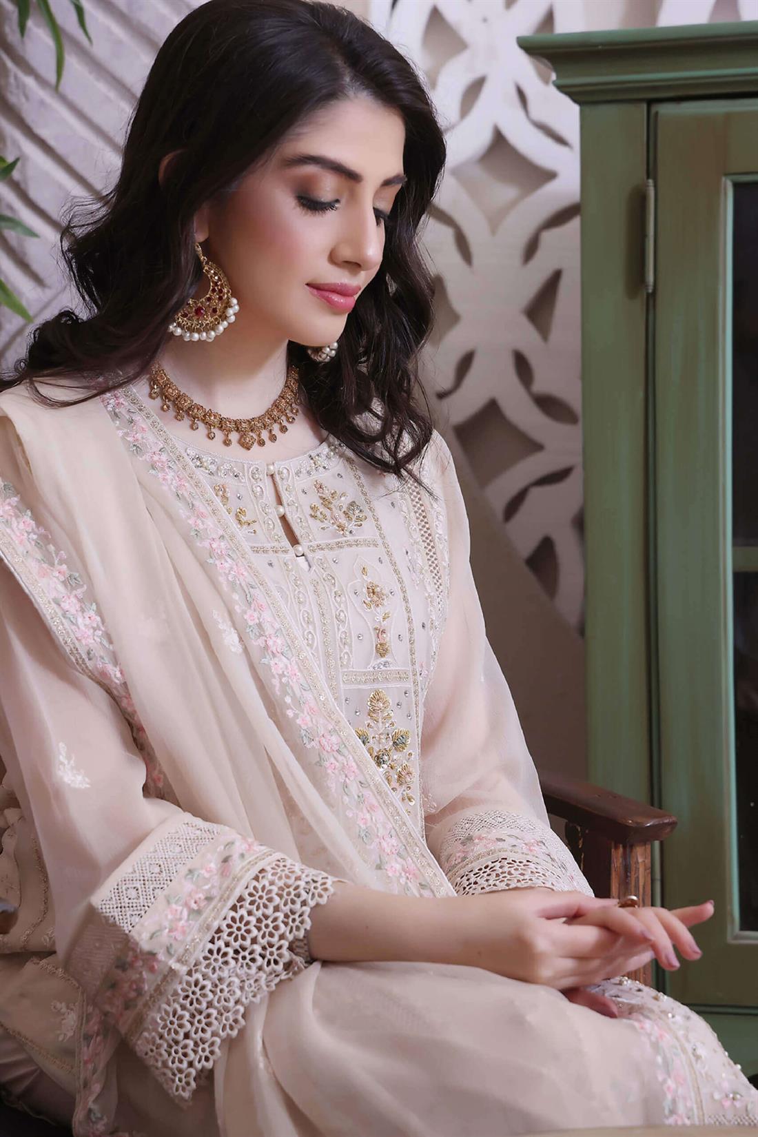 Beige Embroidered Raw Silk Luxury Pret 3 Piece Handwork Chiffon Dresses