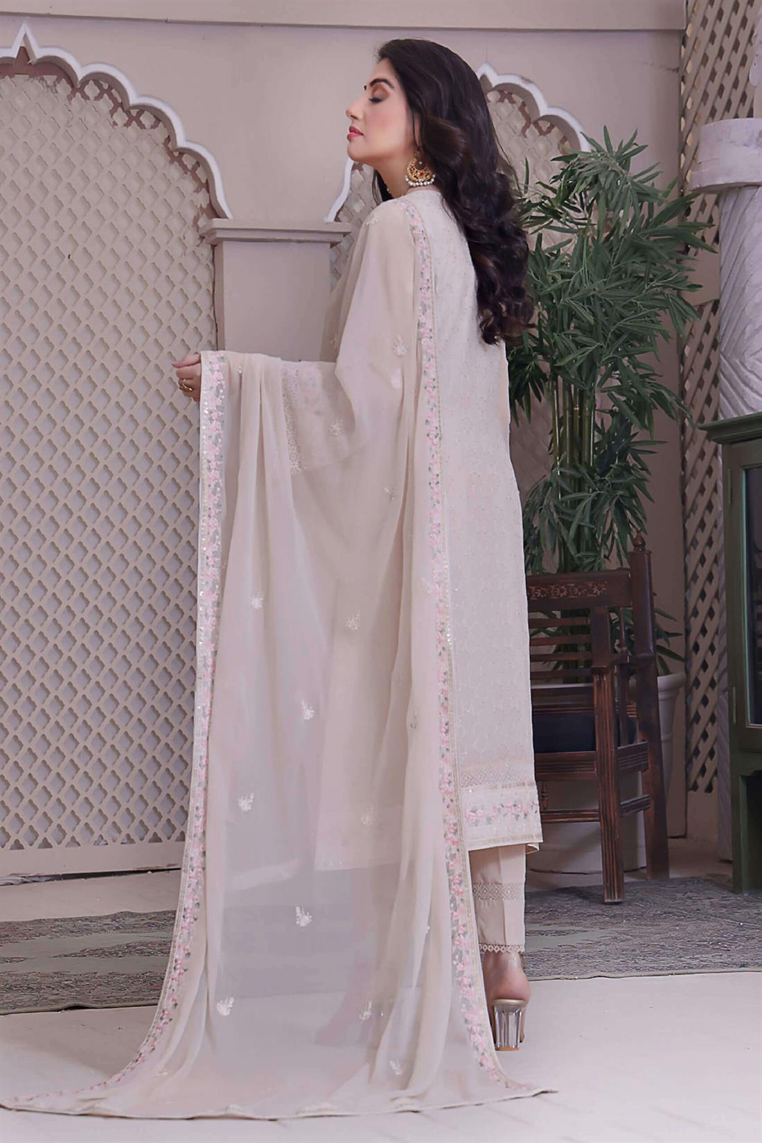 Beige Embroidered Raw Silk Luxury Pret 3 Piece Handwork Chiffon Dresses