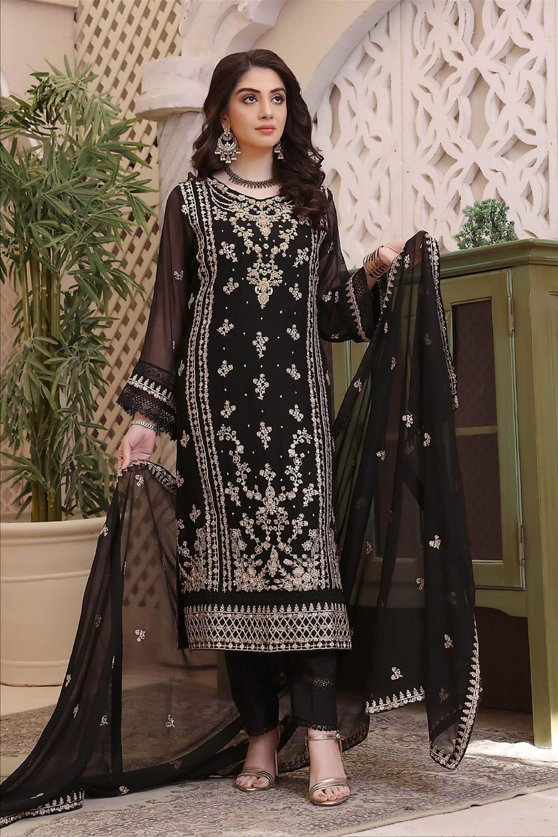 Black Embroidered Raw Silk Luxury Pret 3 Piece Handwork Chiffon Dresses