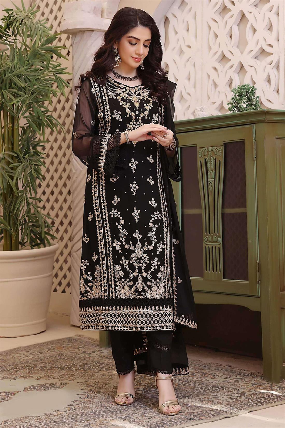 Black Embroidered Raw Silk Luxury Pret 3 Piece Handwork Chiffon Dresses