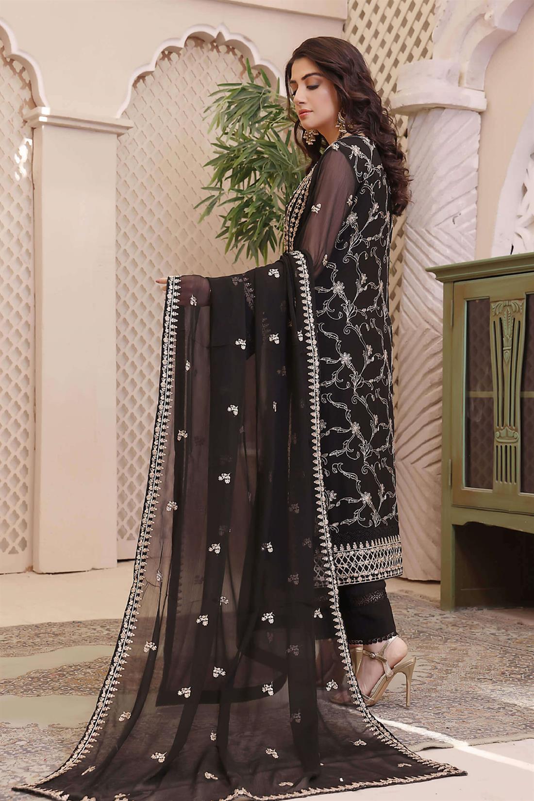 Black Embroidered Raw Silk Luxury Pret 3 Piece Handwork Chiffon Dresses
