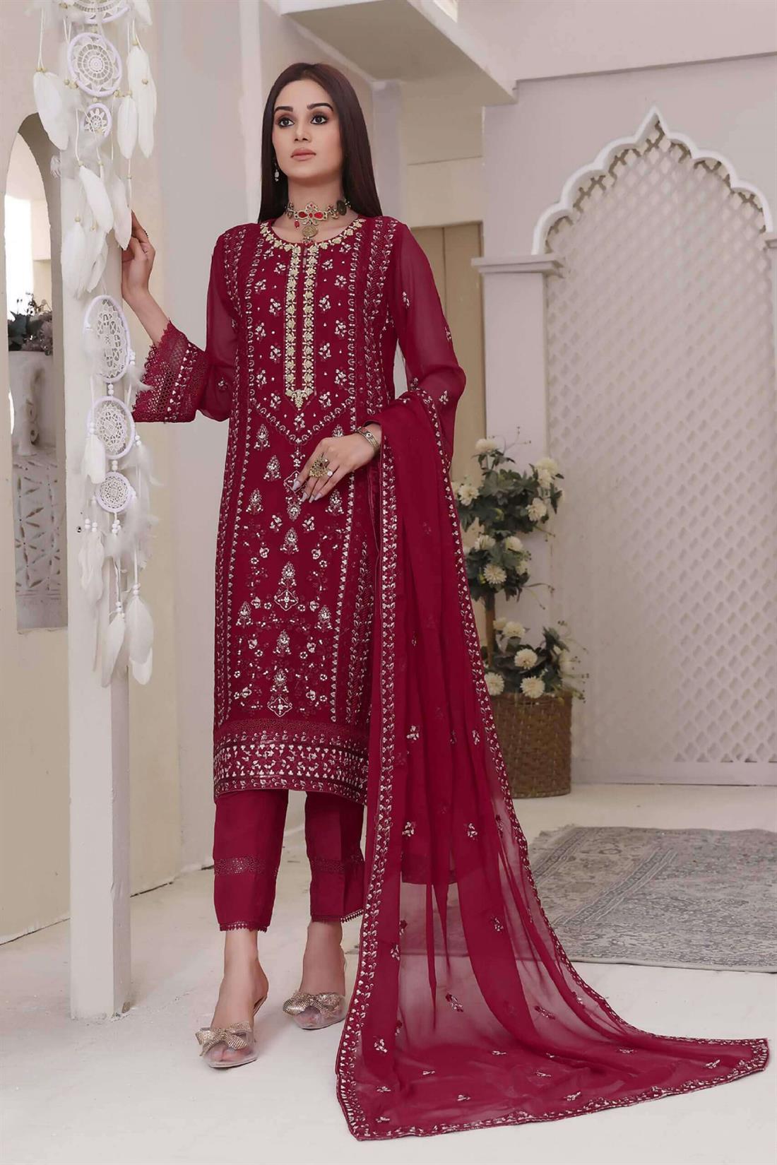 Maroon Embroidered Raw Silk Luxury Pret 3 Piece Handwork Chiffon Dresses