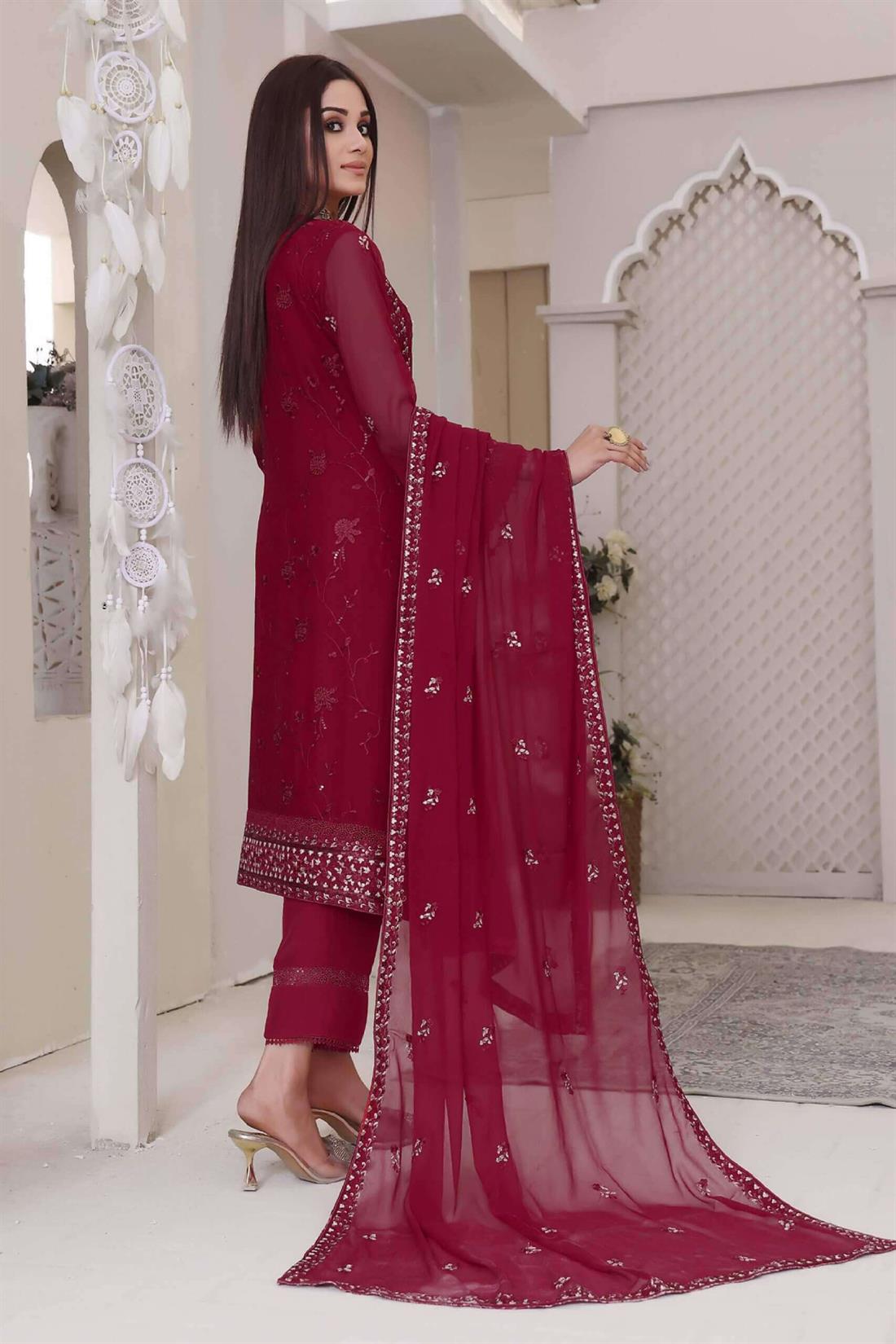 Maroon Embroidered Raw Silk Luxury Pret 3 Piece Handwork Chiffon Dresses