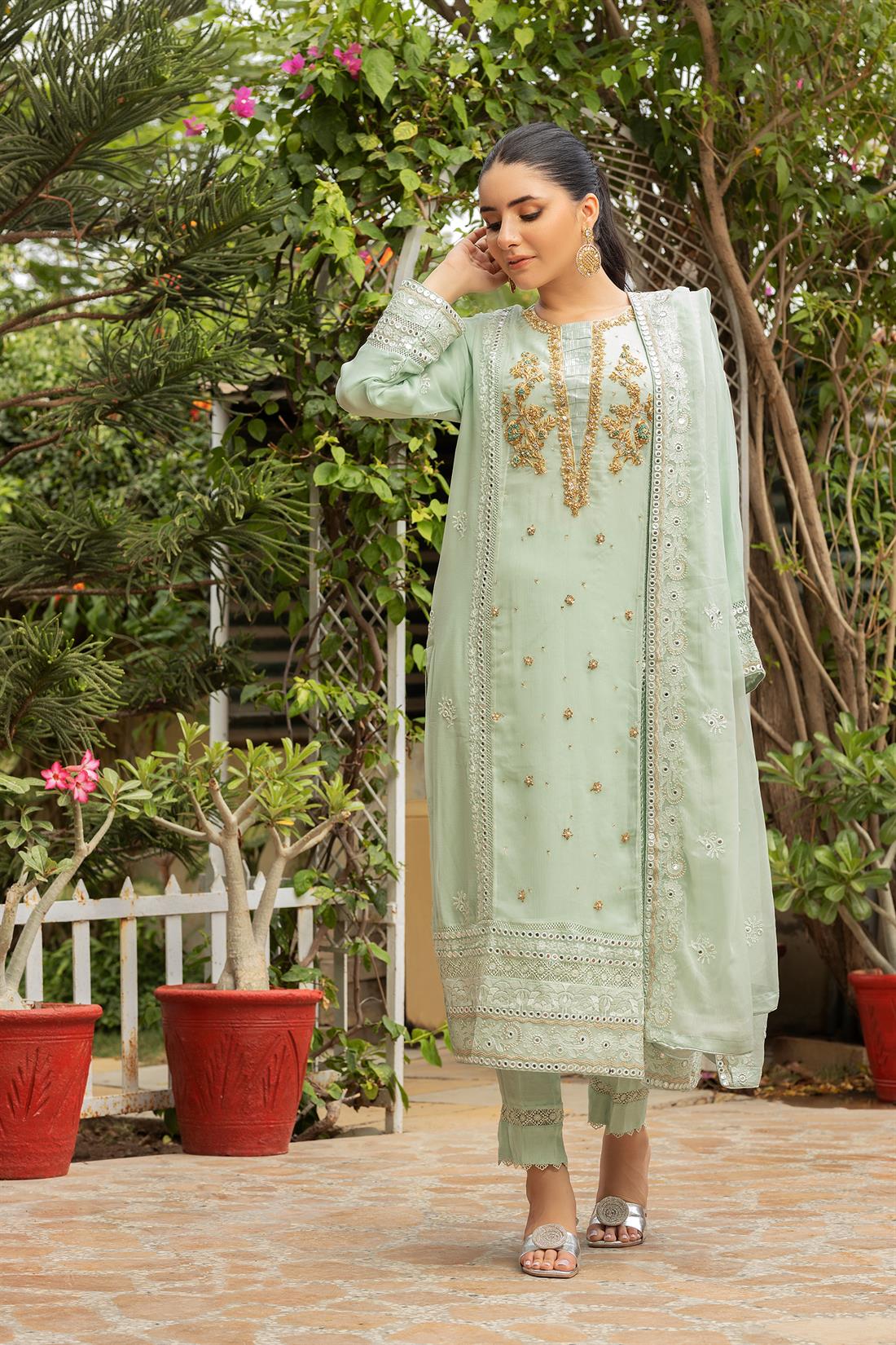 Mint Embroidered Raw Silk Luxury Pret 3 Piece Handwork Chiffon Dress