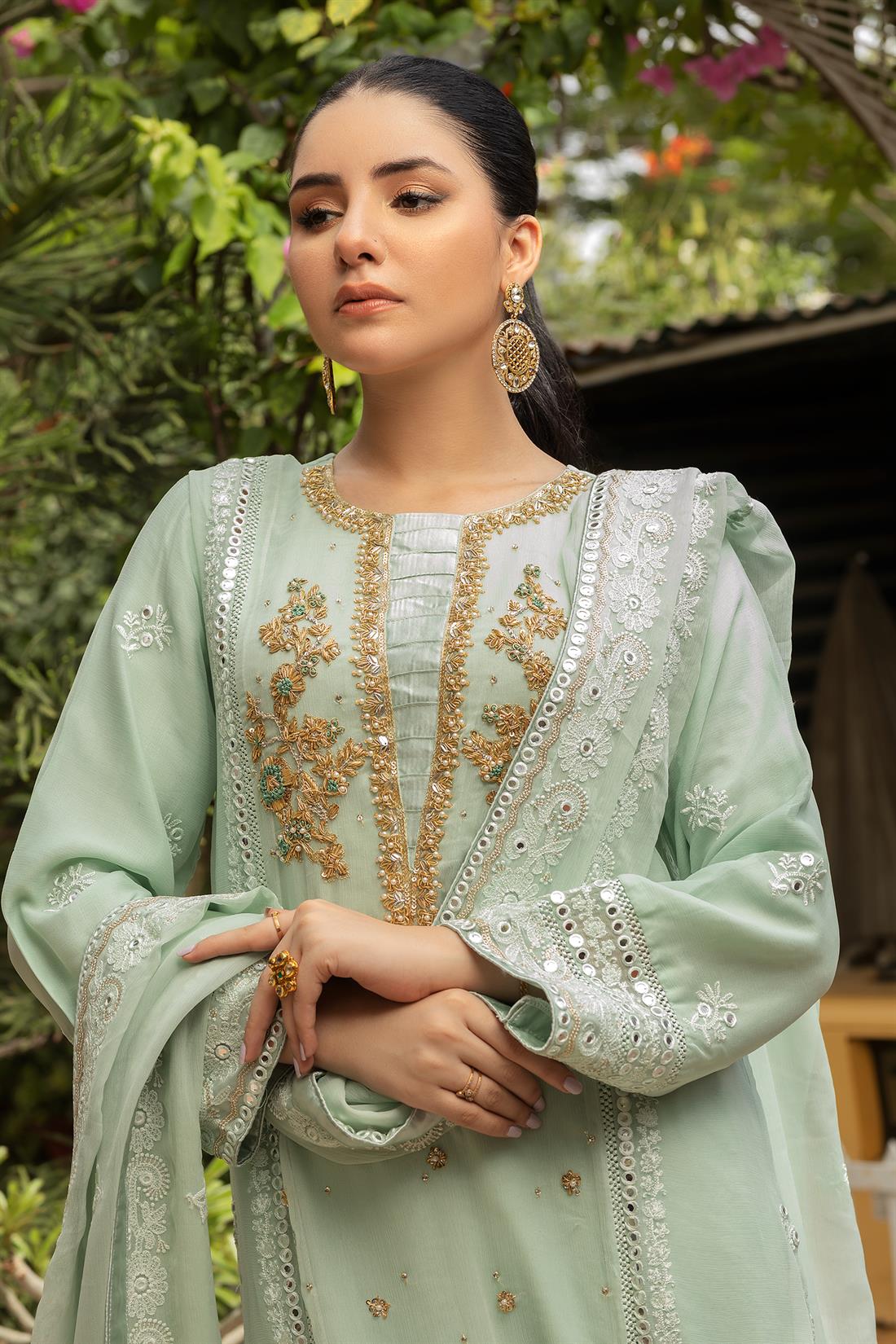 Mint Embroidered Raw Silk Luxury Pret 3 Piece Handwork Chiffon Dress