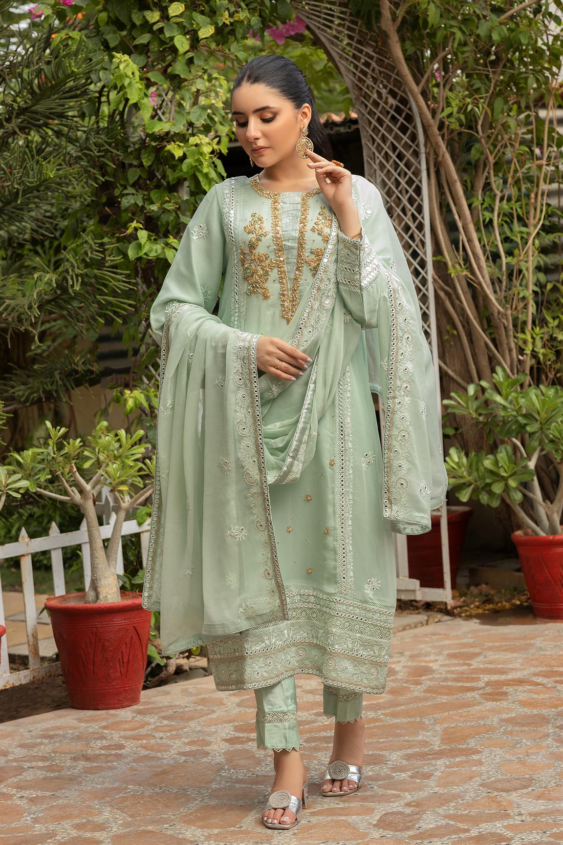 Mint Embroidered Raw Silk Luxury Pret 3 Piece Handwork Chiffon Dress