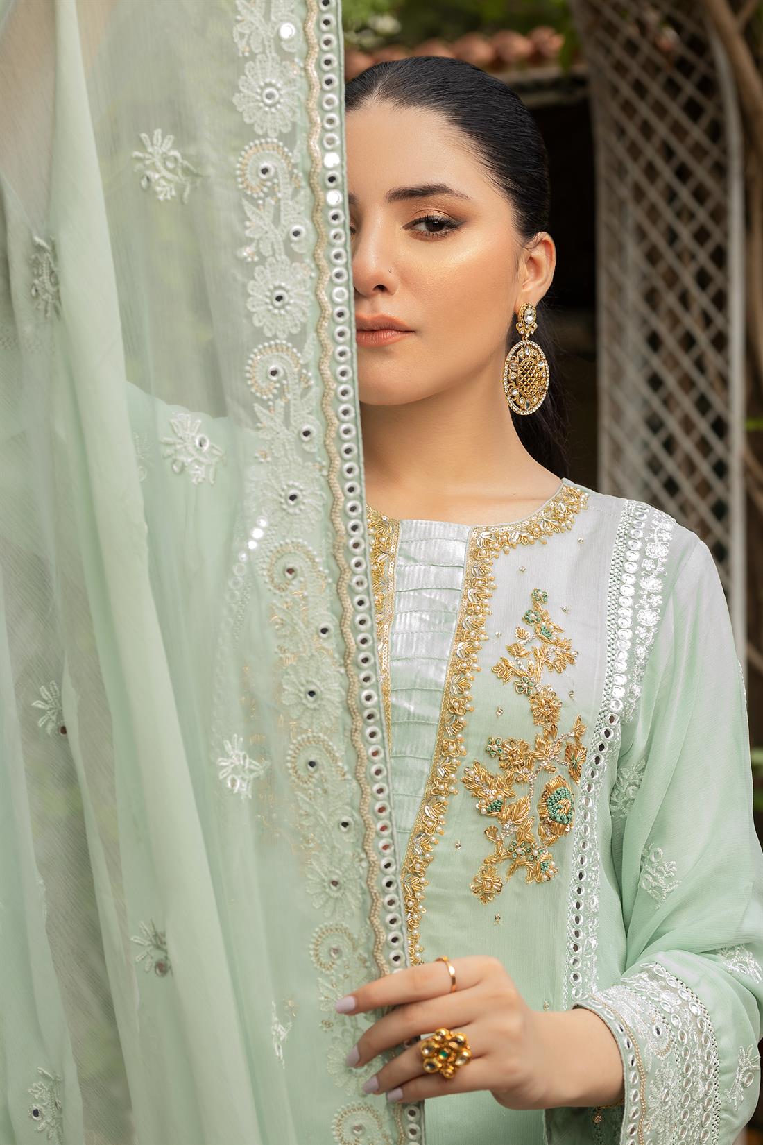 Mint Embroidered Raw Silk Luxury Pret 3 Piece Handwork Chiffon Dress