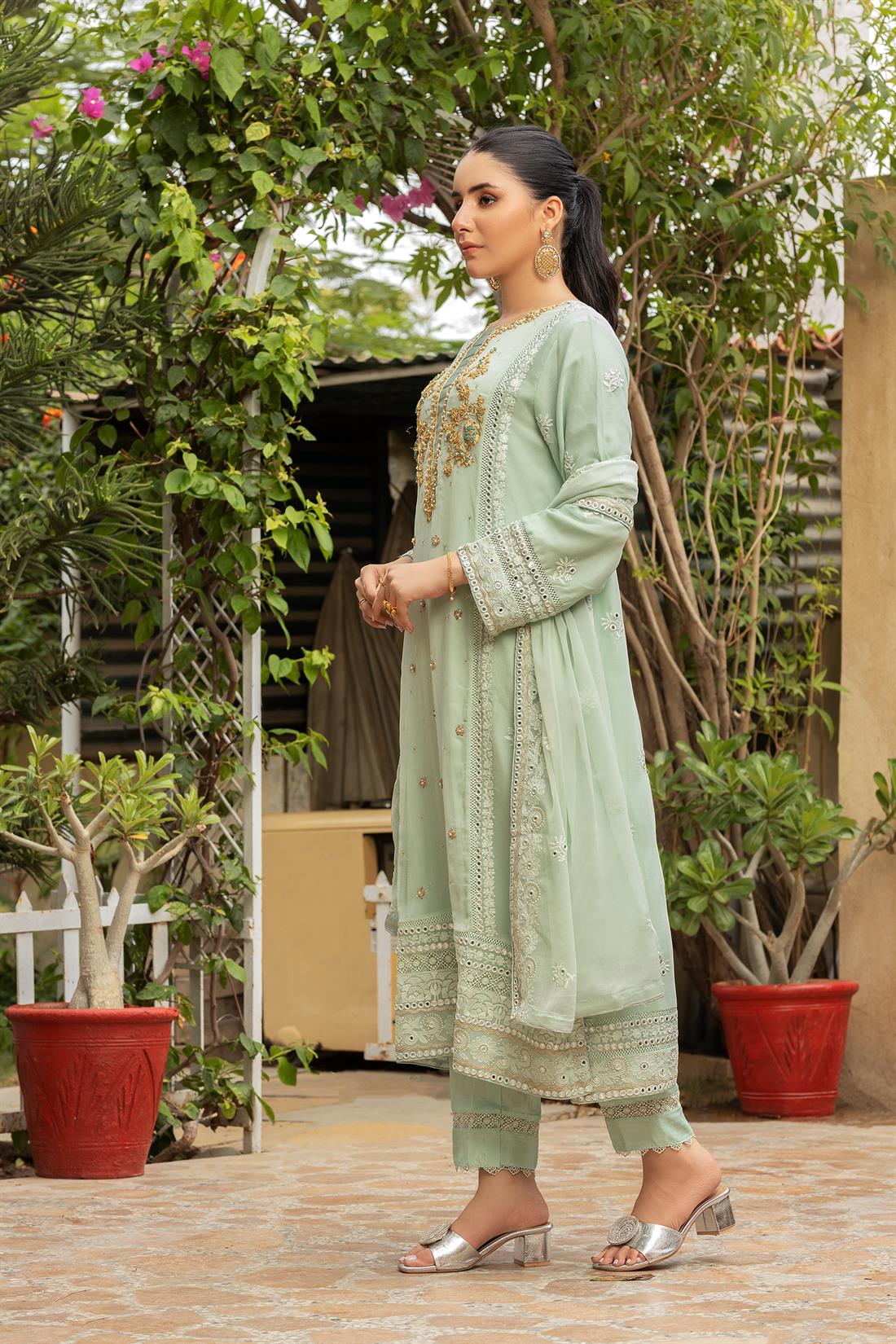 Mint Embroidered Raw Silk Luxury Pret 3 Piece Handwork Chiffon Dress