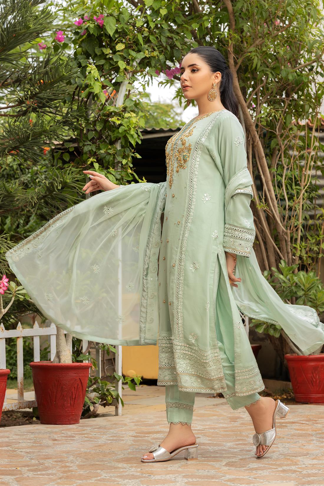 Mint Embroidered Raw Silk Luxury Pret 3 Piece Handwork Chiffon Dress