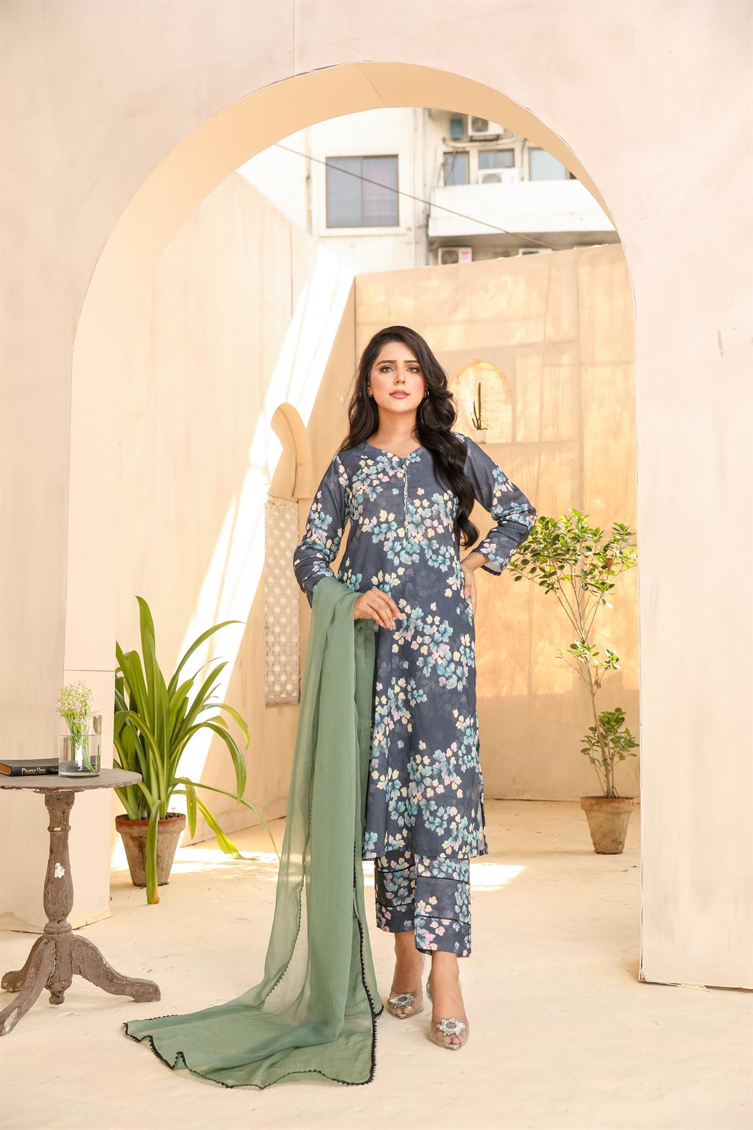Navy Blue Printed Chiffon Ladies Readymade