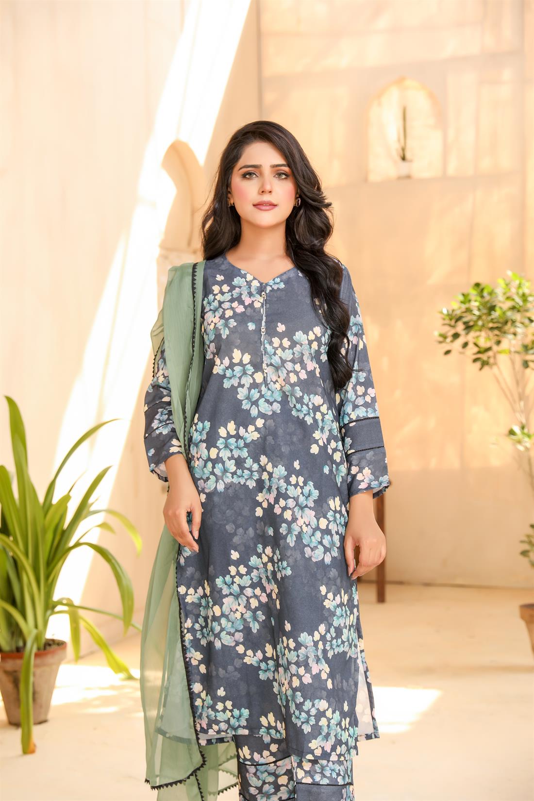 Navy Blue Printed Chiffon Ladies Readymade