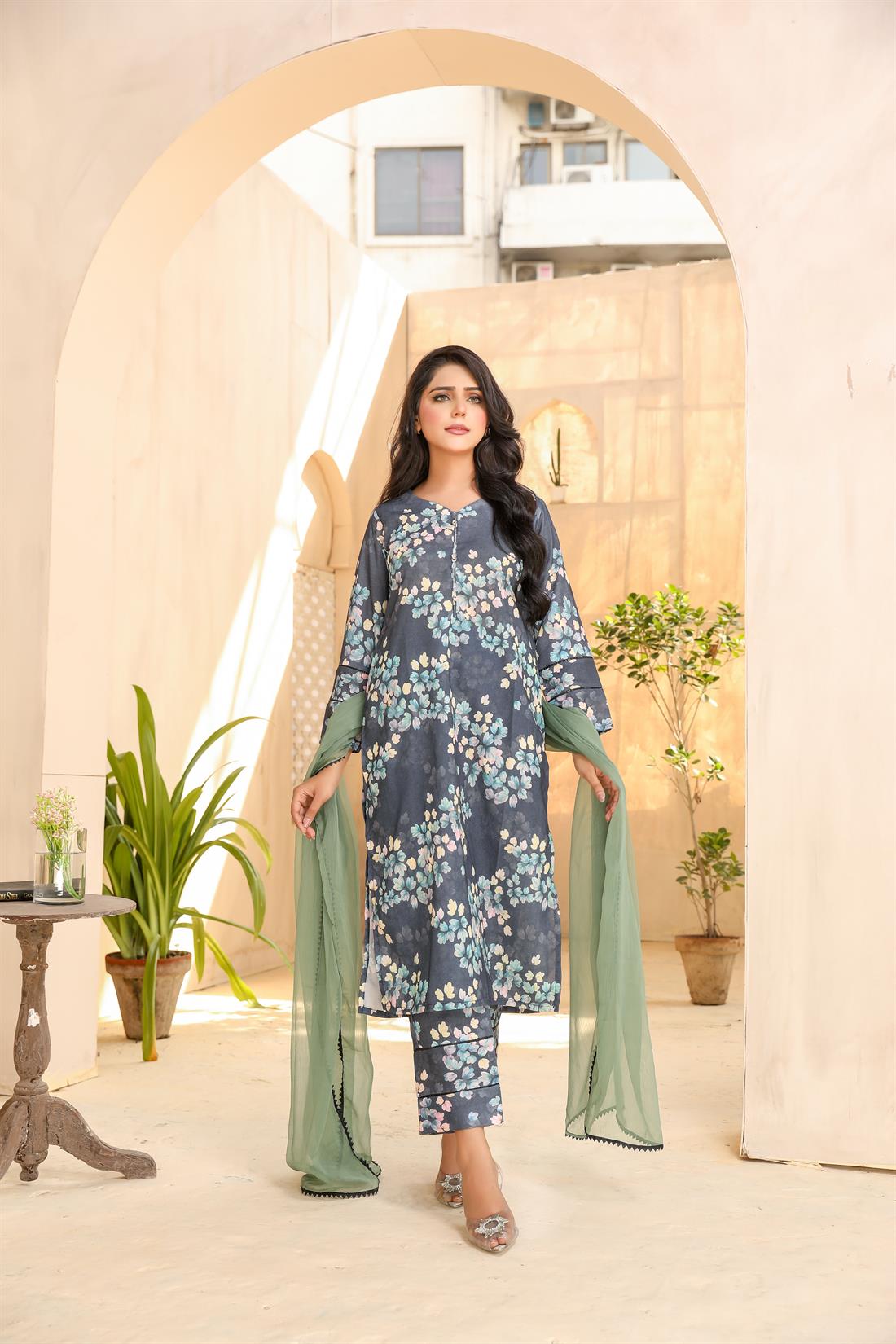 Navy Blue Printed Chiffon Ladies Readymade