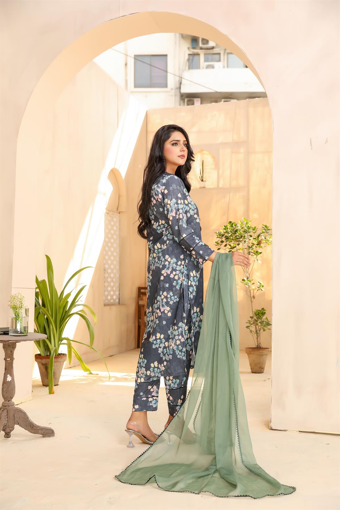 Navy Blue Printed Chiffon Ladies Readymade