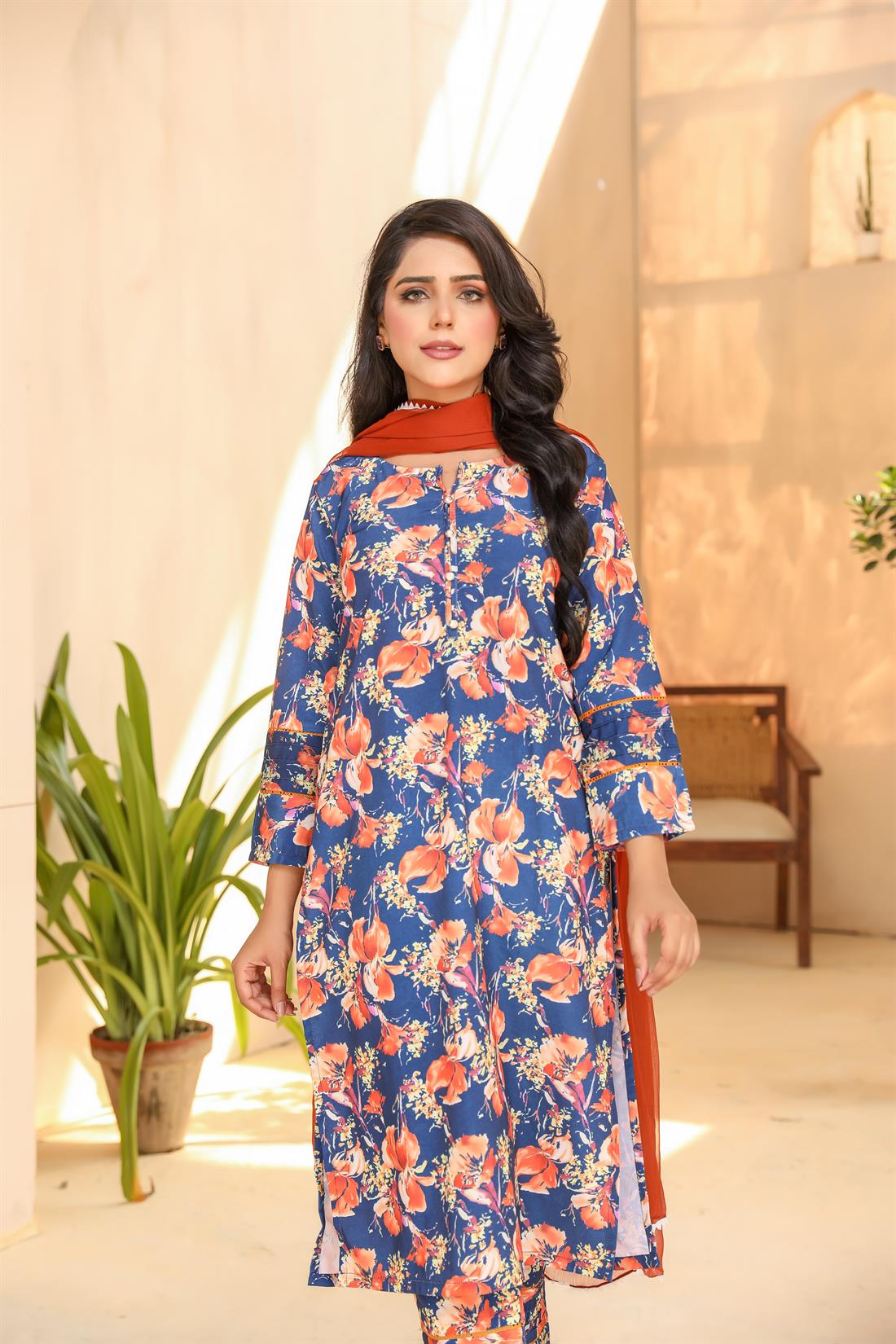 Royal Blue & Multicolour Printed Chiffon Ladies Readymade