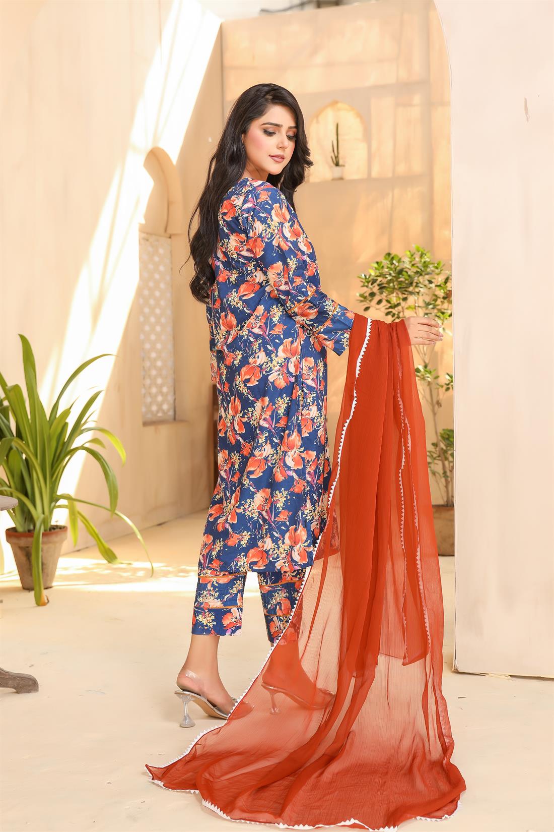 Royal Blue & Multicolour Printed Chiffon Ladies Readymade