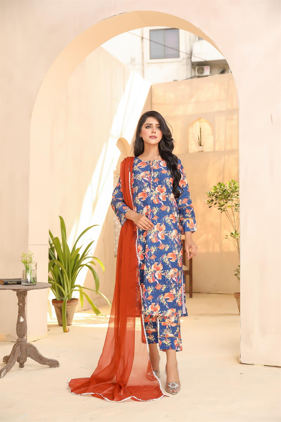 Royal Blue & Multicolour Printed Chiffon Ladies Readymade