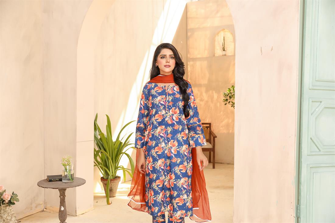 Royal Blue & Multicolour Printed Chiffon Ladies Readymade