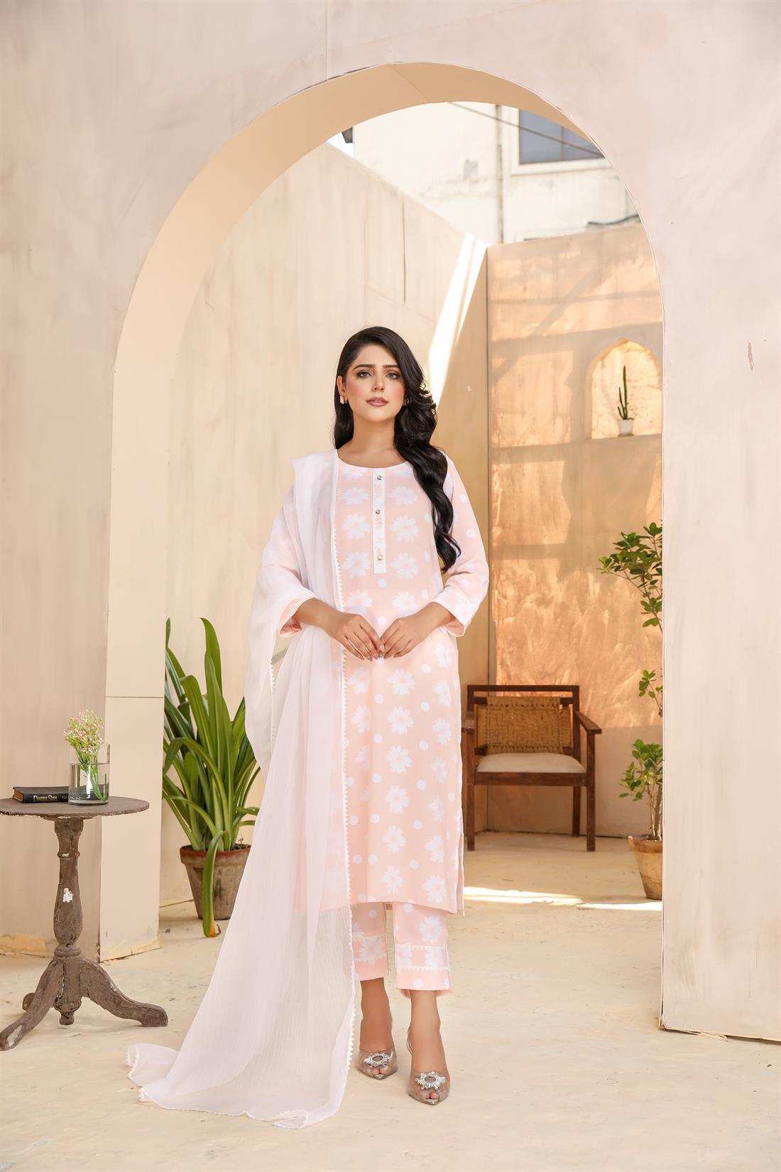 Peach Printed Chiffon Ladies Readymade