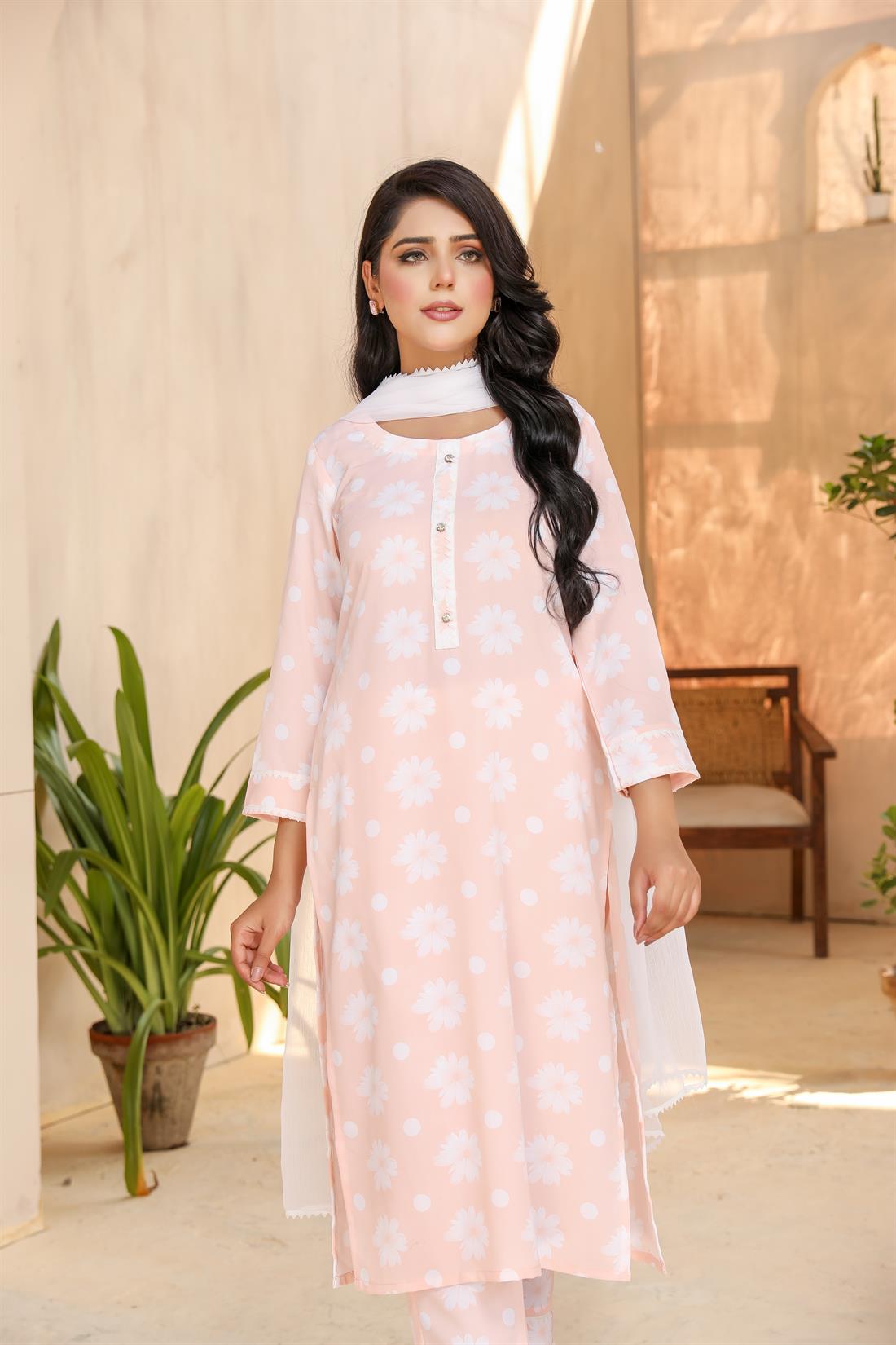 Peach Printed Chiffon Ladies Readymade
