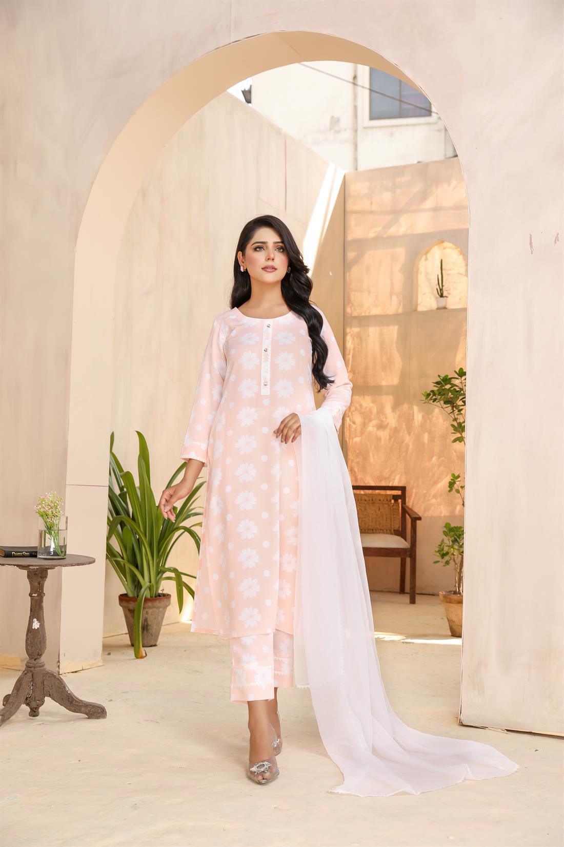Peach Printed Chiffon Ladies Readymade