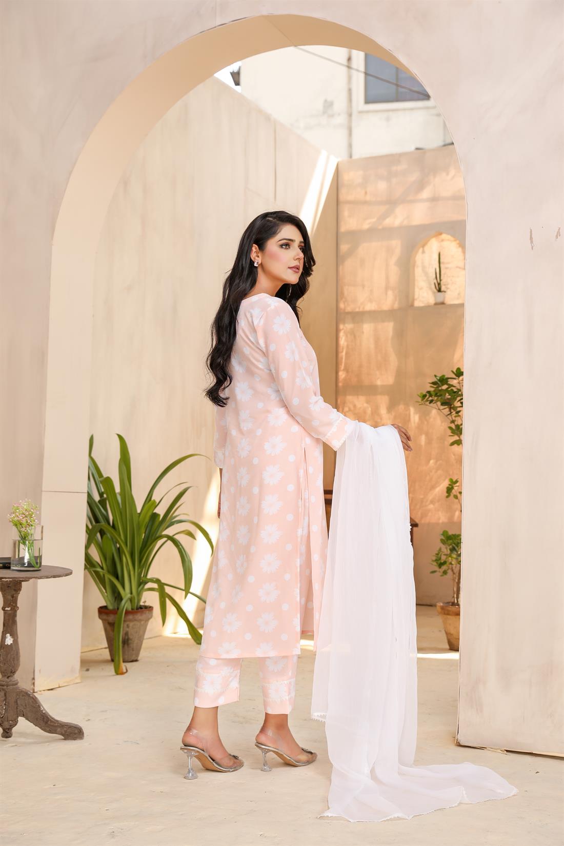 Peach Printed Chiffon Ladies Readymade