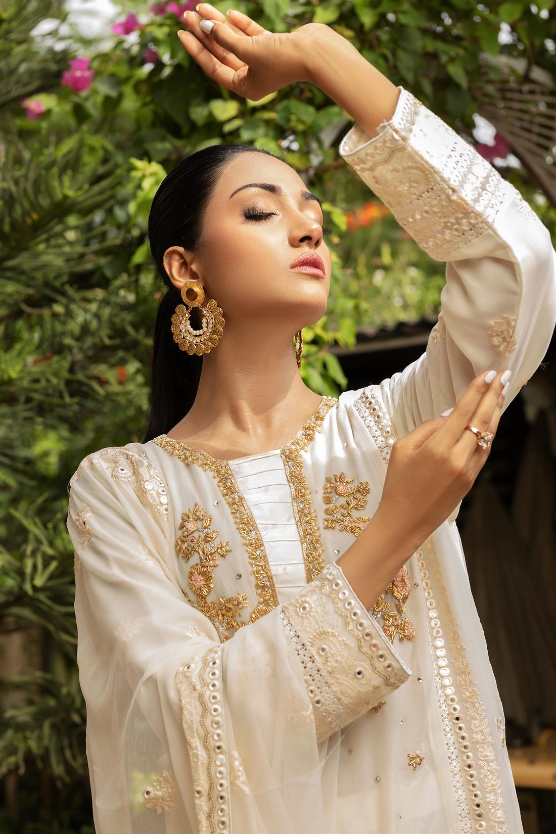 Cream & Pink Embroidered Raw Silk Ladies Readymade
