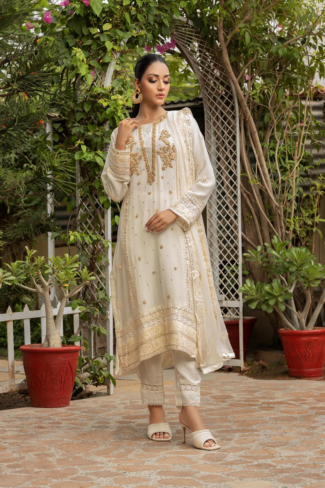 Cream & Pink Embroidered Raw Silk Ladies Readymade