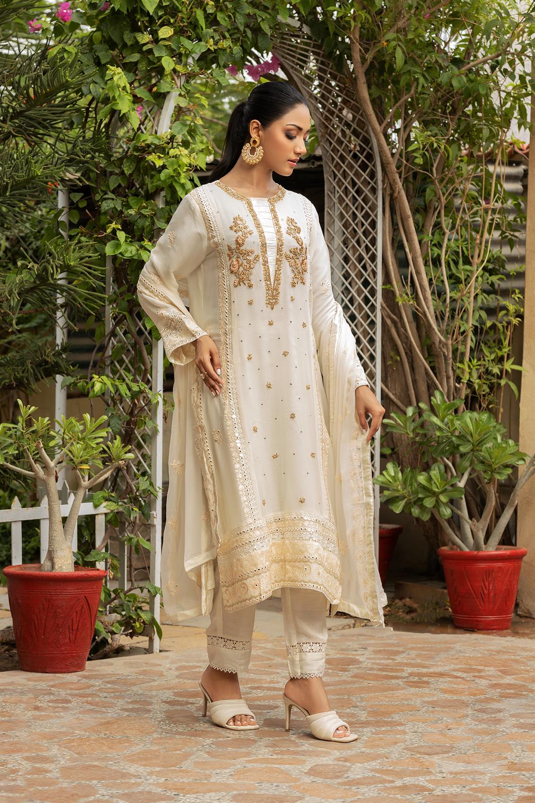 Cream & Pink Embroidered Raw Silk Ladies Readymade
