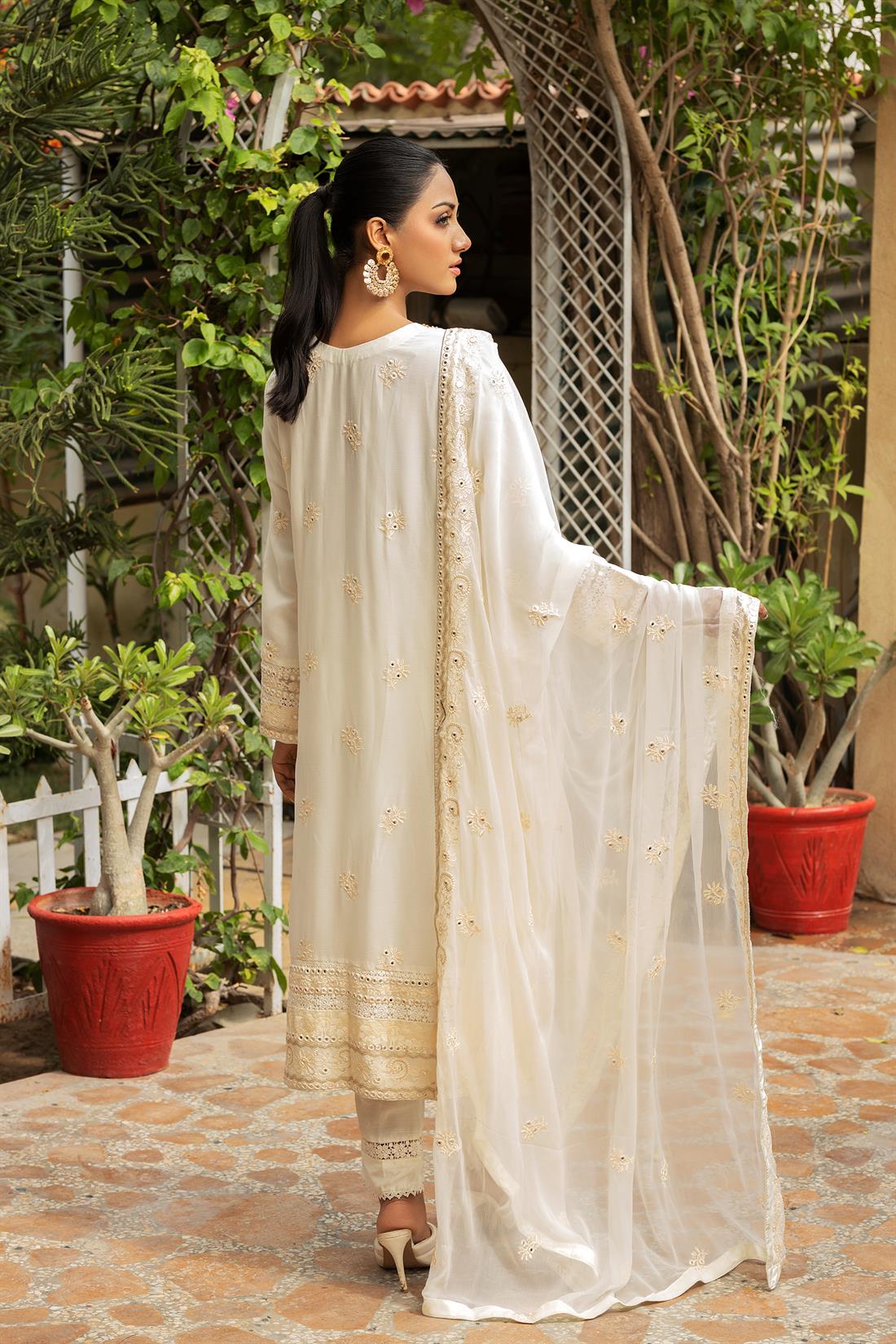 Cream & Pink Embroidered Raw Silk Ladies Readymade