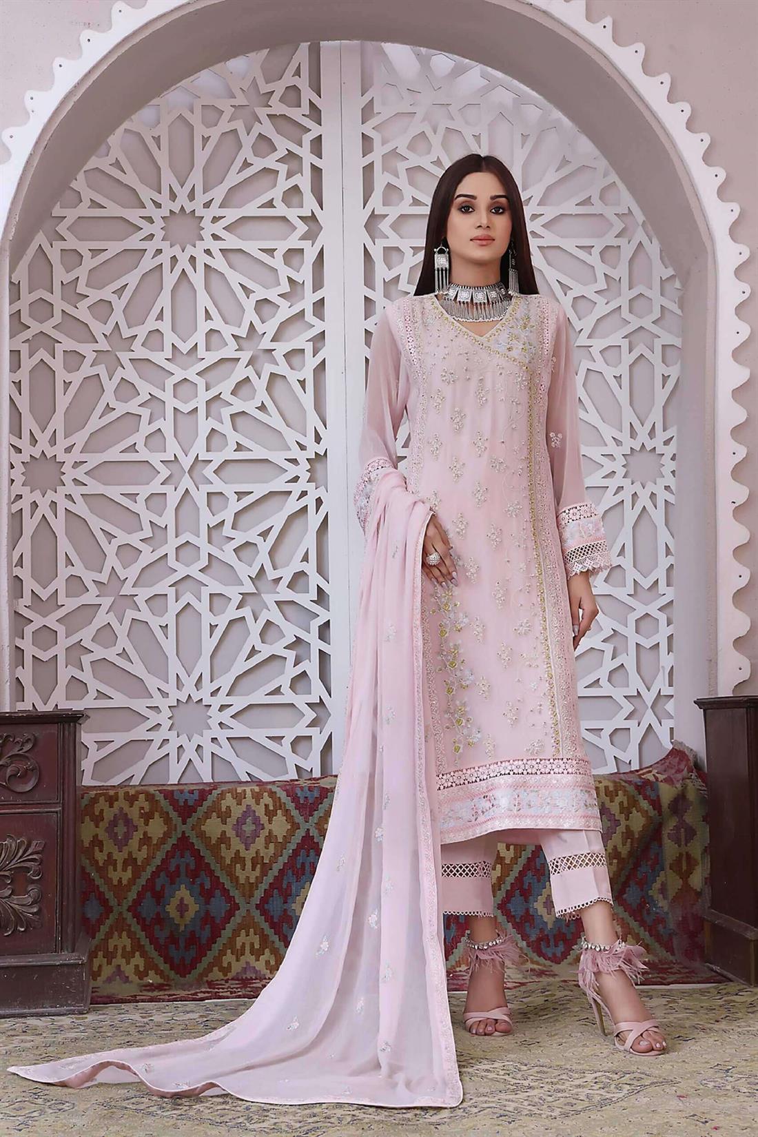 Baby Pink Embroidered Raw Silk Luxury Pret 3 Piece Handwork Chiffon Dresses