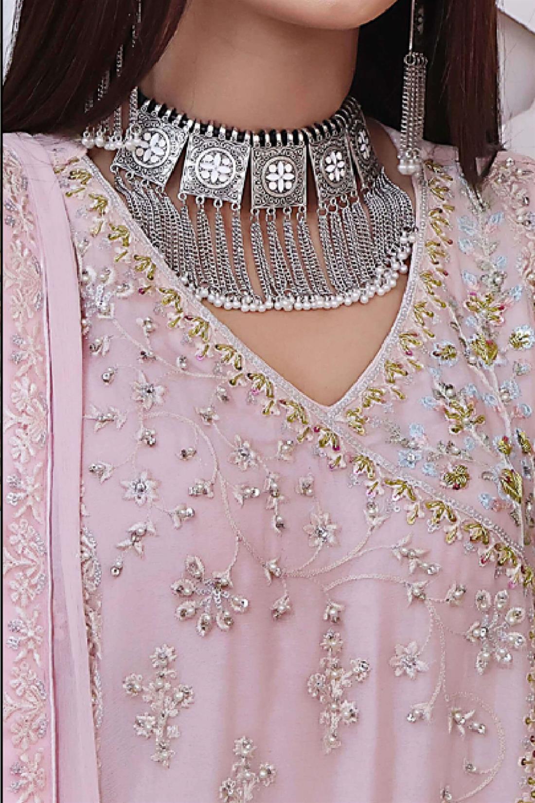 Baby Pink Embroidered Raw Silk Luxury Pret 3 Piece Handwork Chiffon Dresses