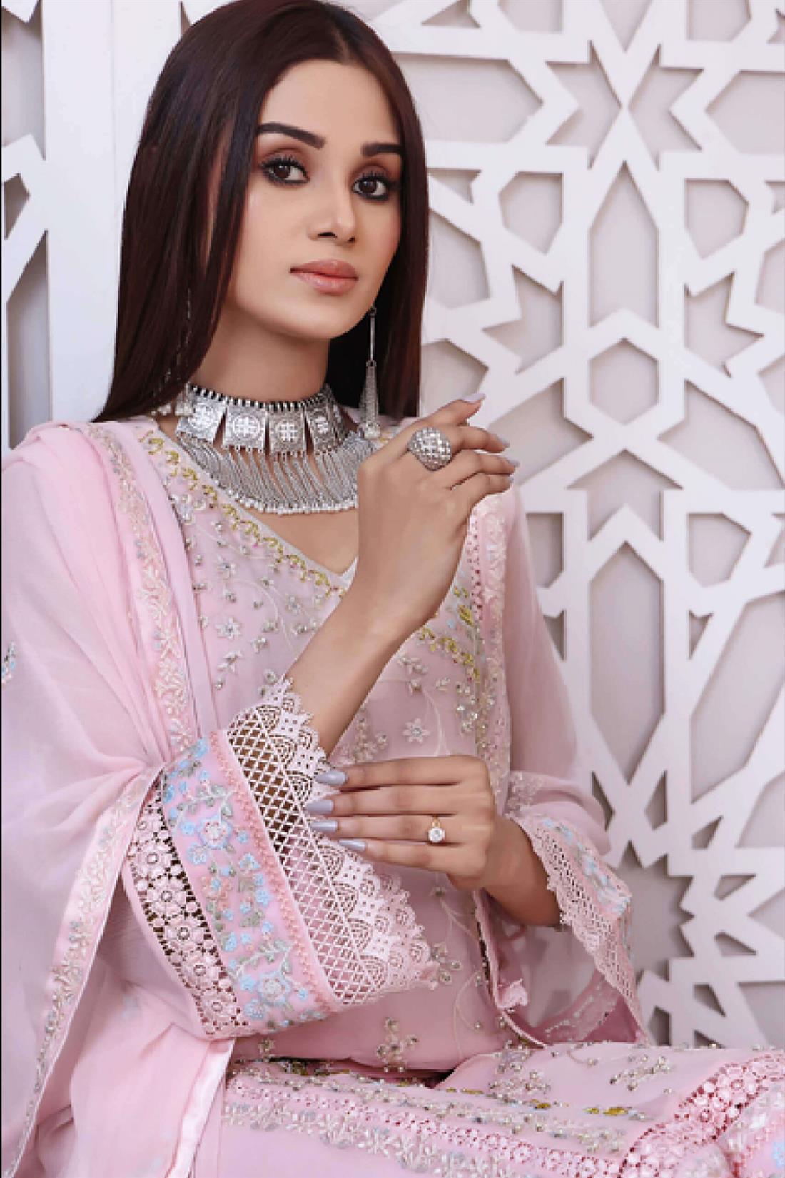 Baby Pink Embroidered Raw Silk Luxury Pret 3 Piece Handwork Chiffon Dresses