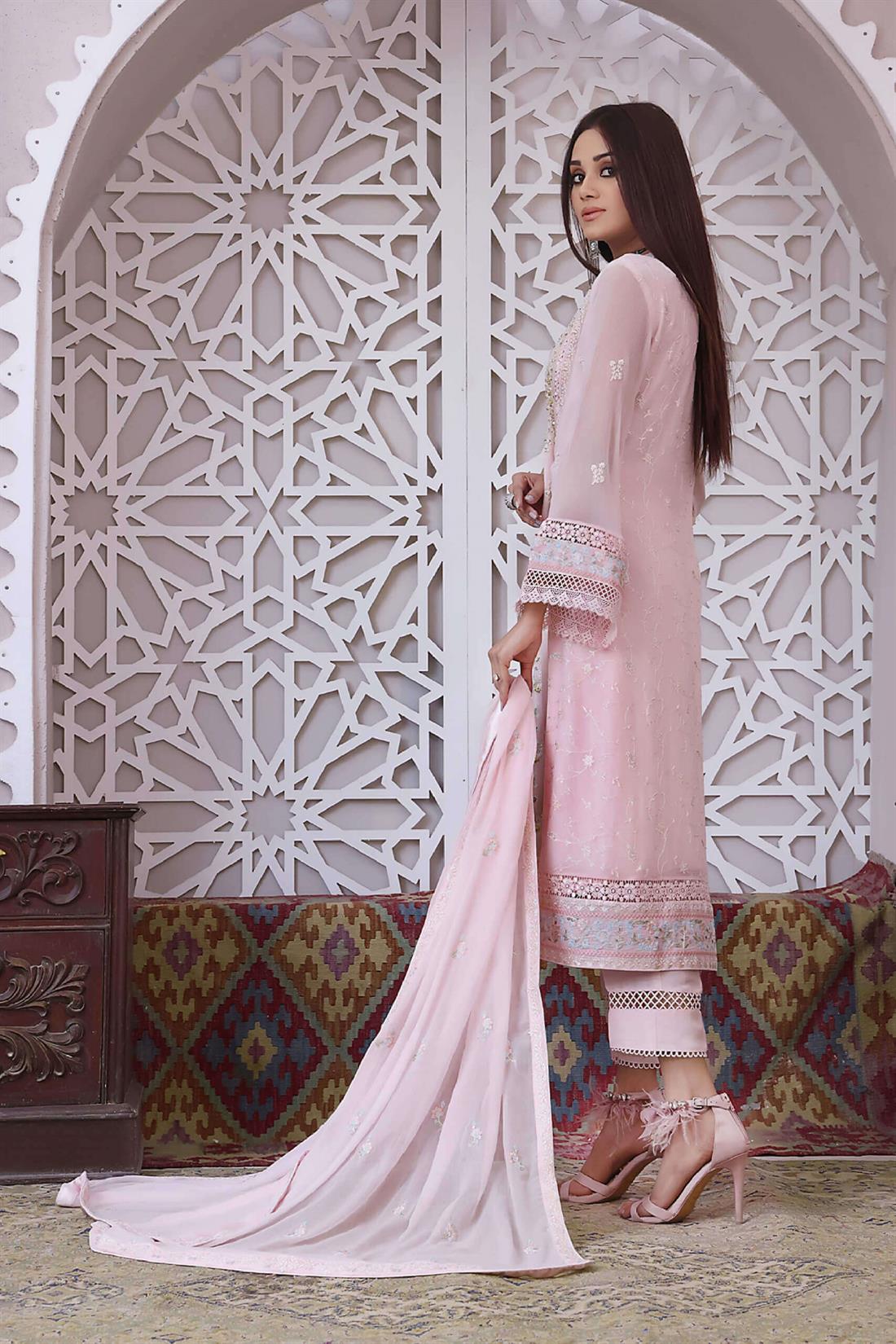Baby Pink Embroidered Raw Silk Luxury Pret 3 Piece Handwork Chiffon Dresses