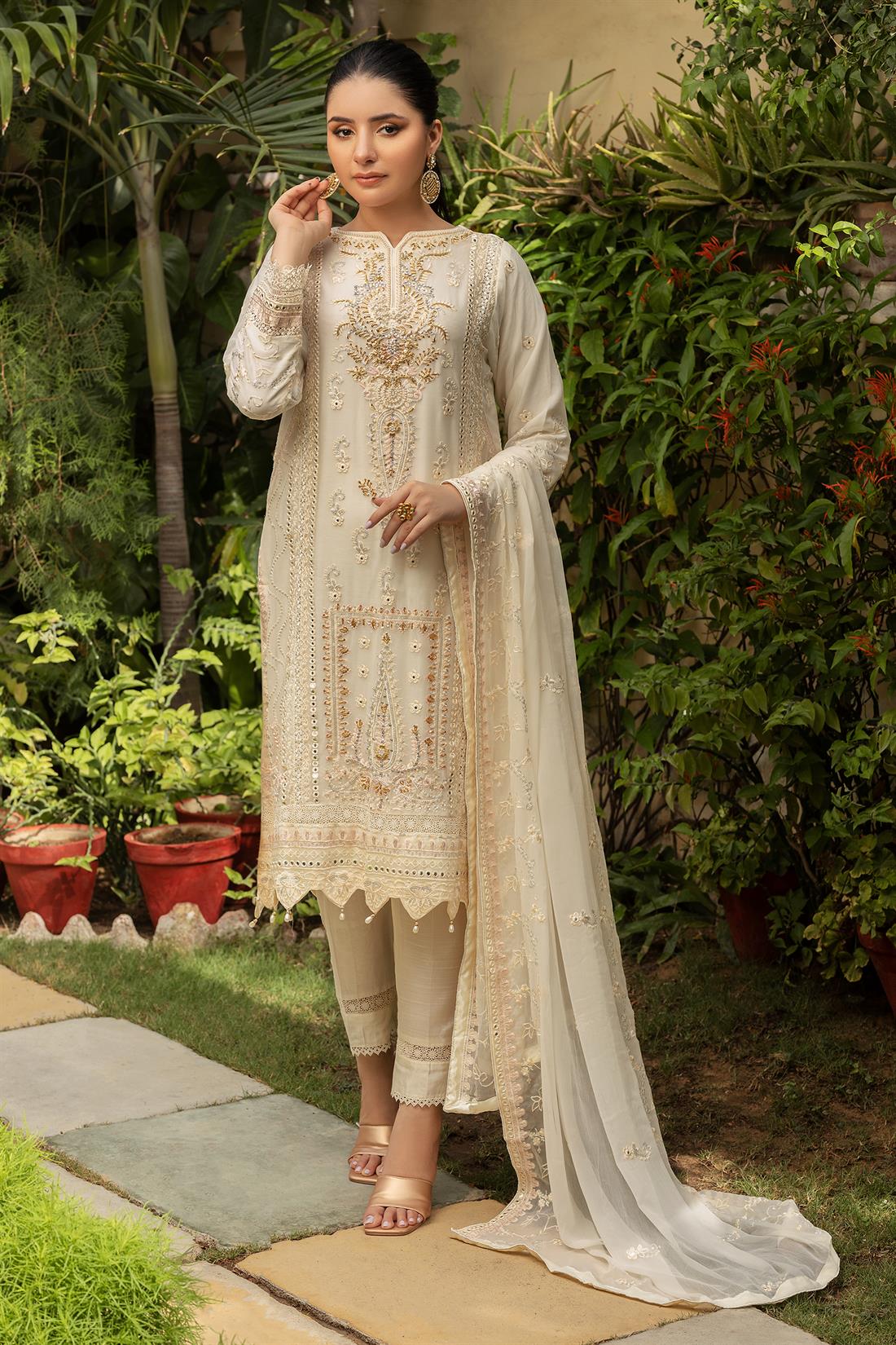 Cream & Gold Embroidered Raw Silk Ladies Readymade