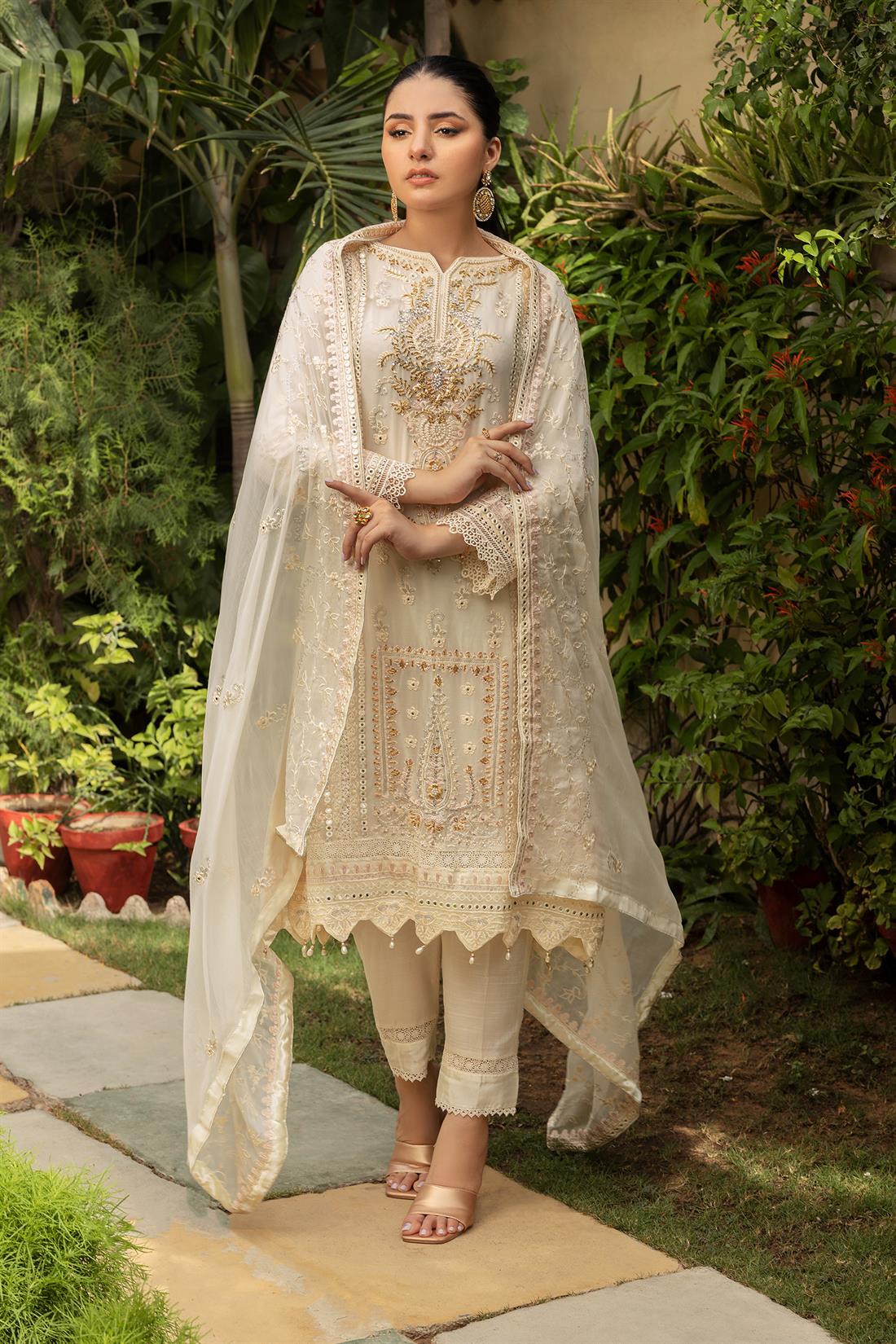 Cream & Gold Embroidered Raw Silk Ladies Readymade