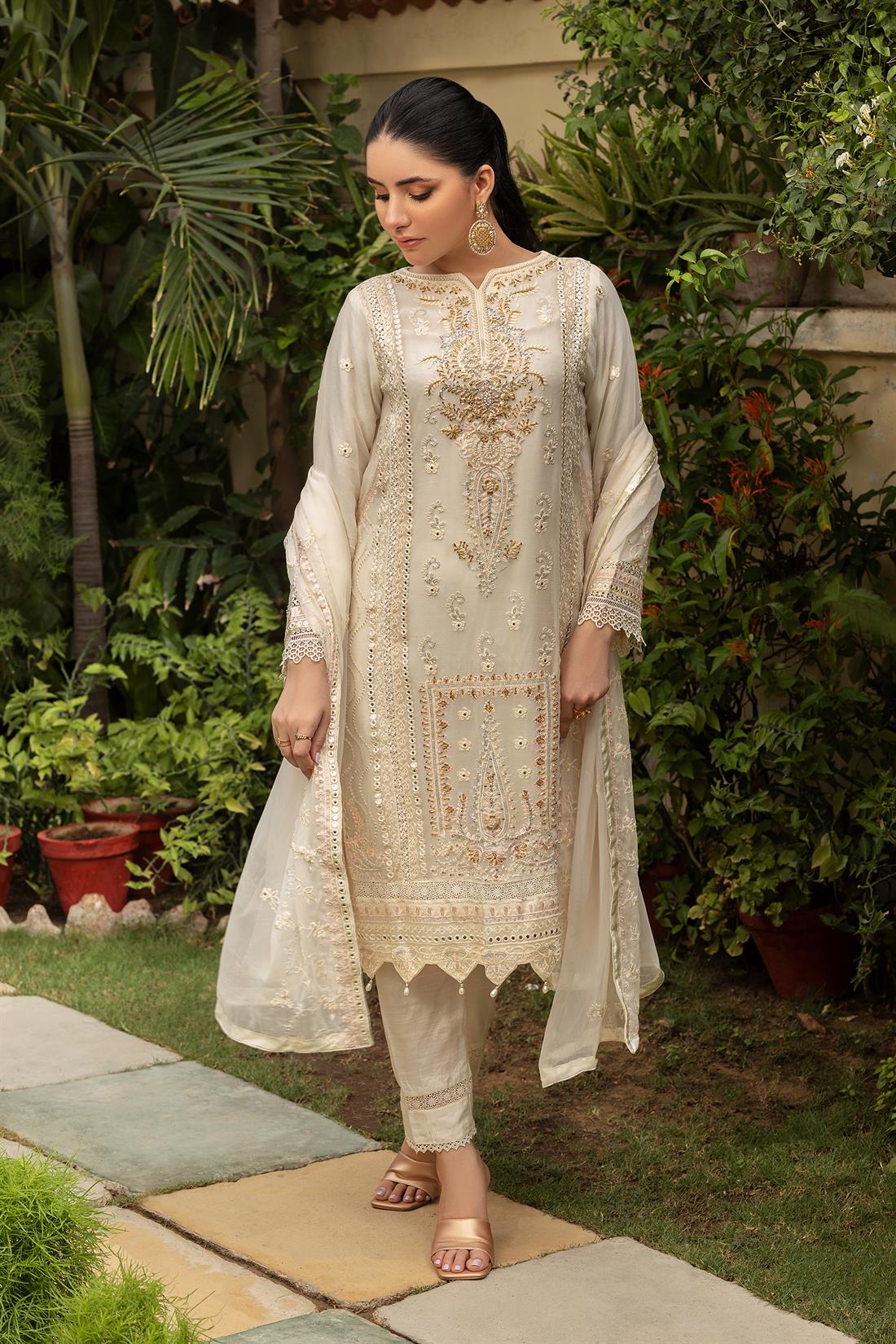 Cream & Gold Embroidered Raw Silk Ladies Readymade