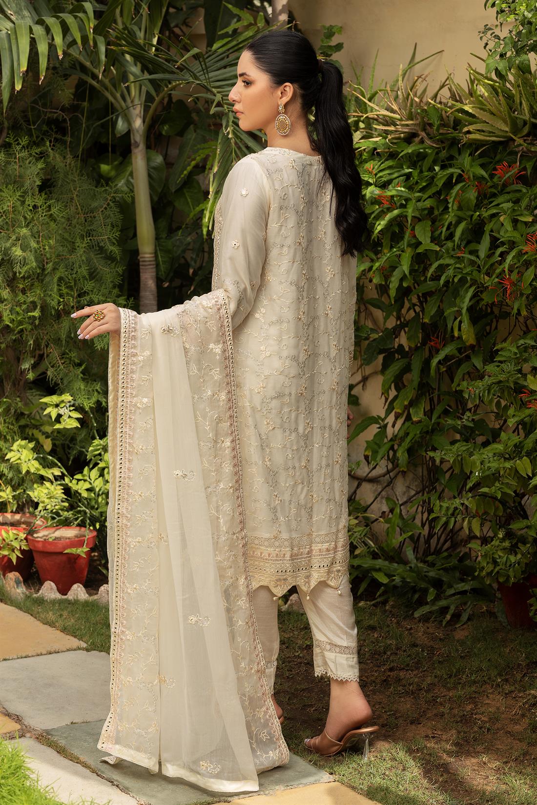 Cream & Gold Embroidered Raw Silk Ladies Readymade