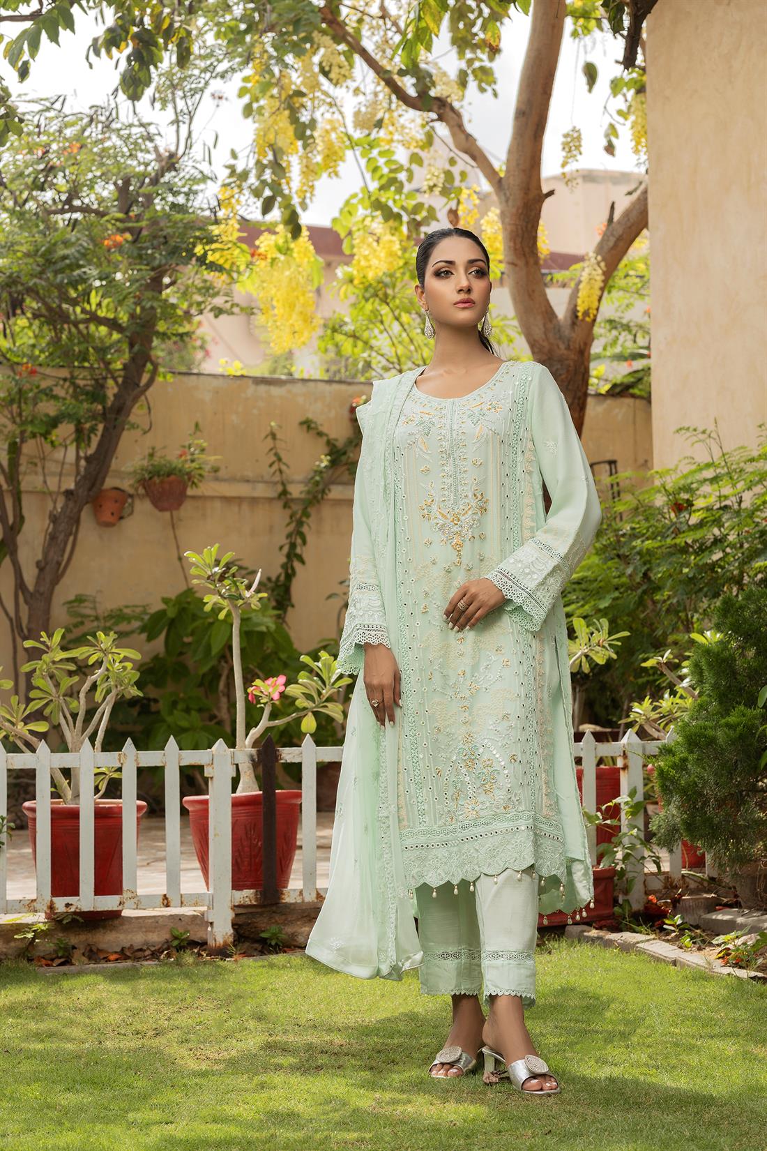 Mint Embroidered Raw Silk Ladies Readymade