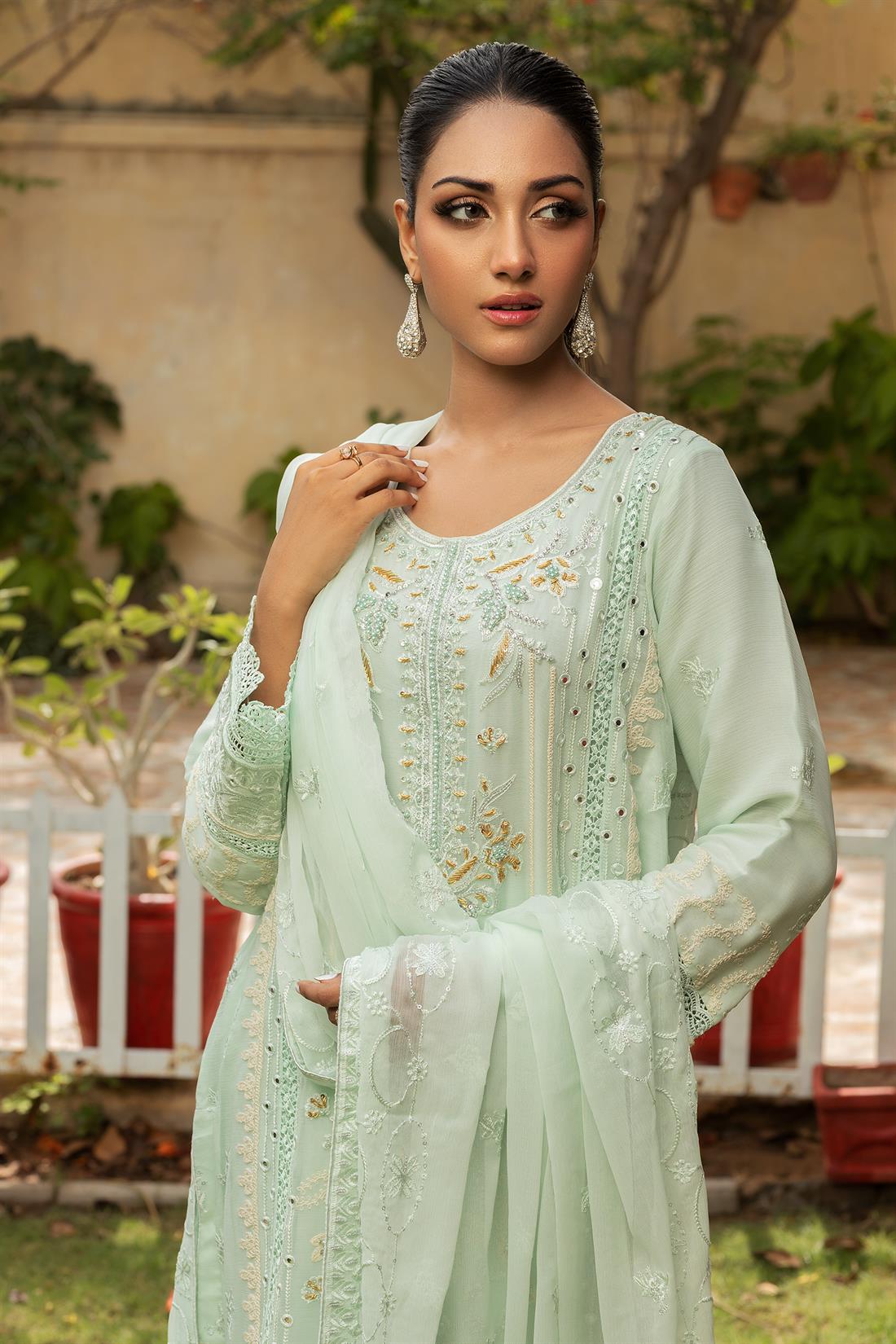 Mint Embroidered Raw Silk Ladies Readymade