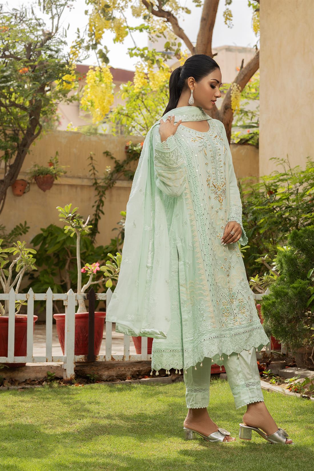 Mint Embroidered Raw Silk Ladies Readymade