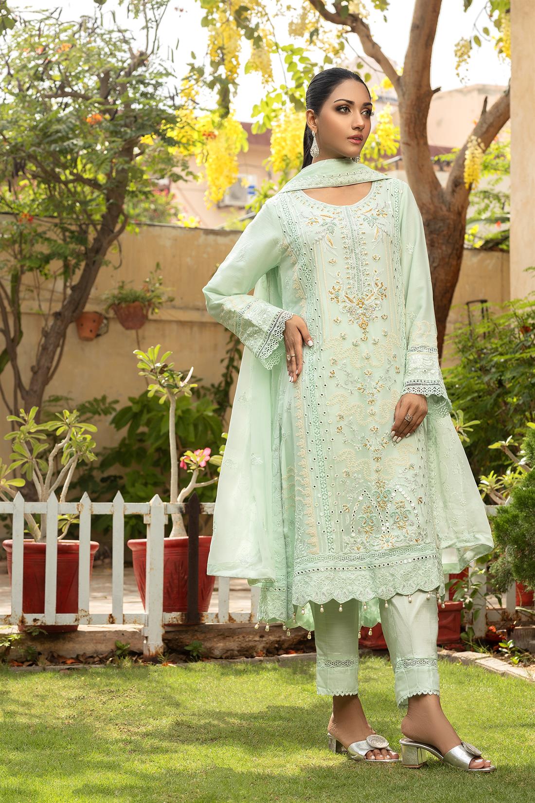 Mint Embroidered Raw Silk Ladies Readymade
