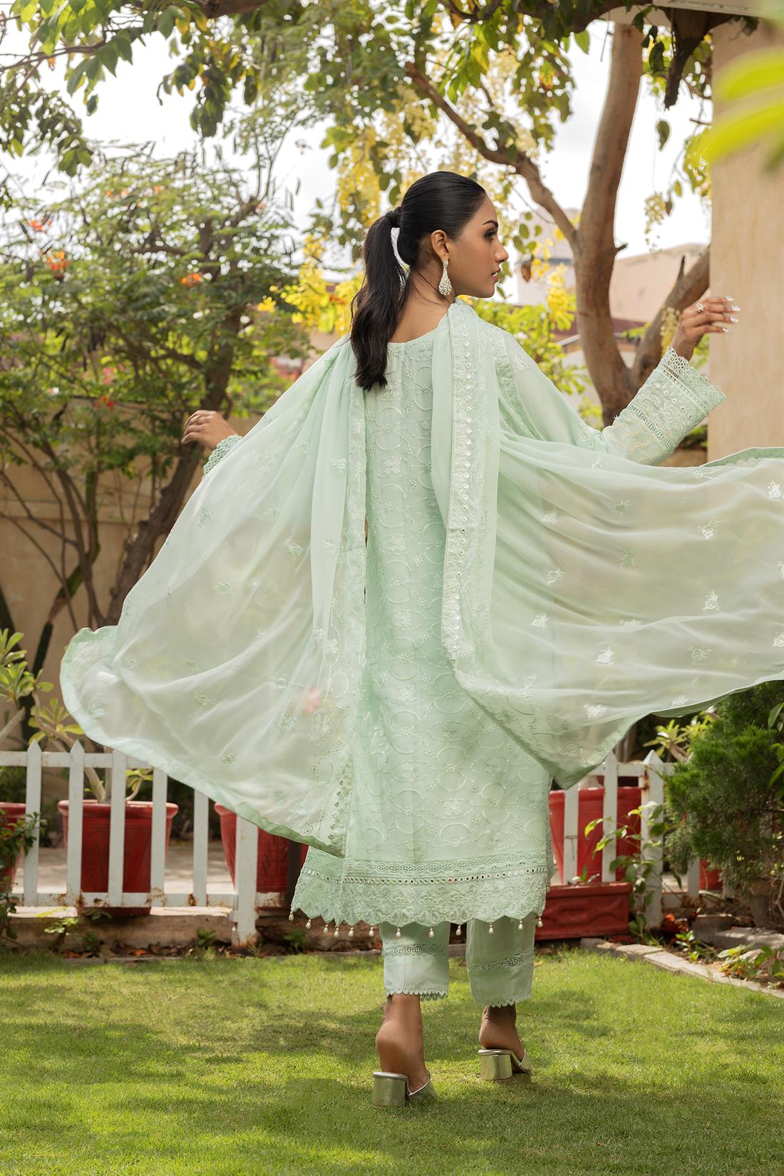 Mint Embroidered Raw Silk Ladies Readymade