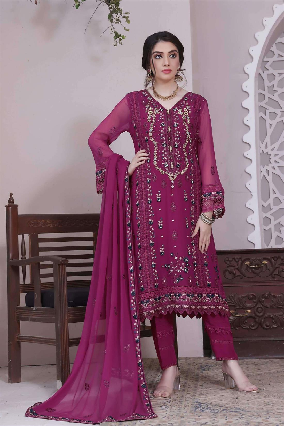 Magenta Purple Embroidered Raw Silk Ladies Readymade