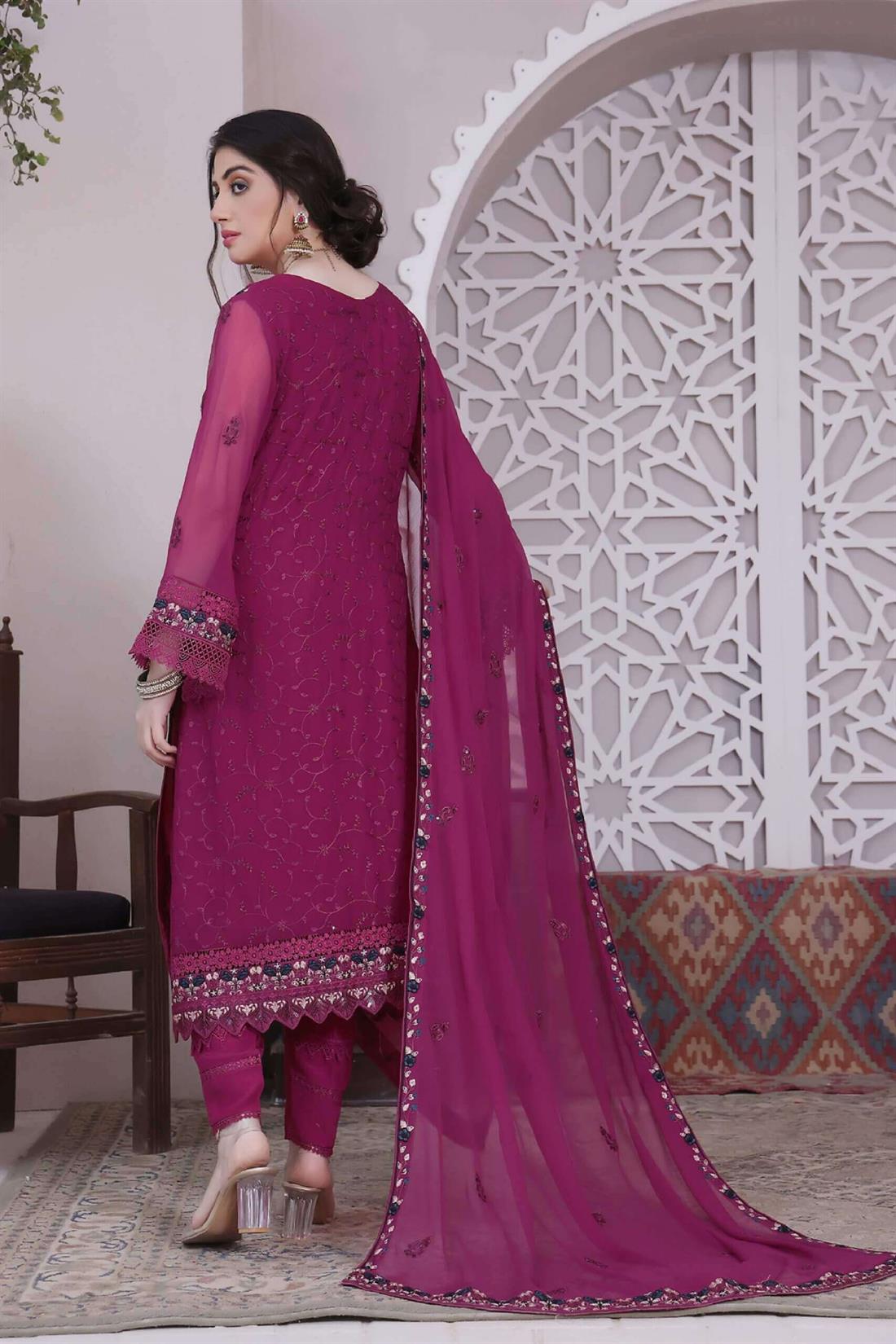 Magenta Purple Embroidered Raw Silk Ladies Readymade