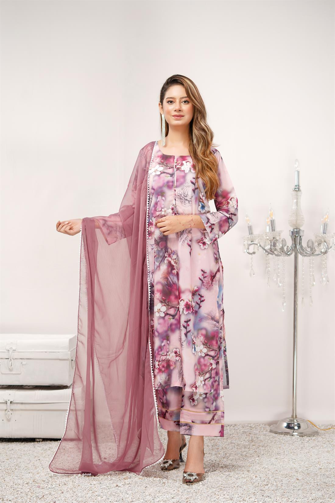 Pink & Multicolour Printed Chiffon Ladies Readymade