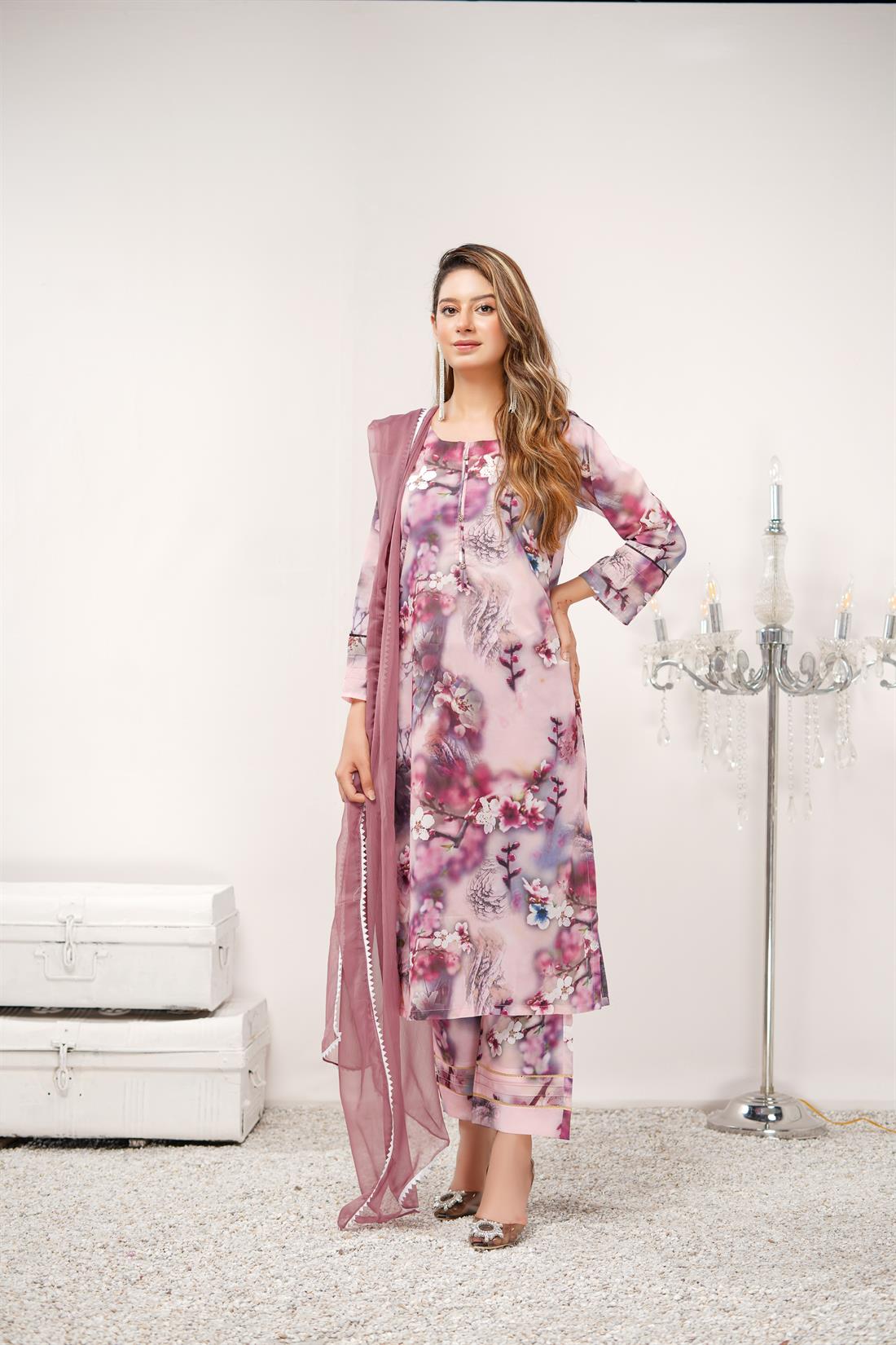 Pink & Multicolour Printed Chiffon Ladies Readymade