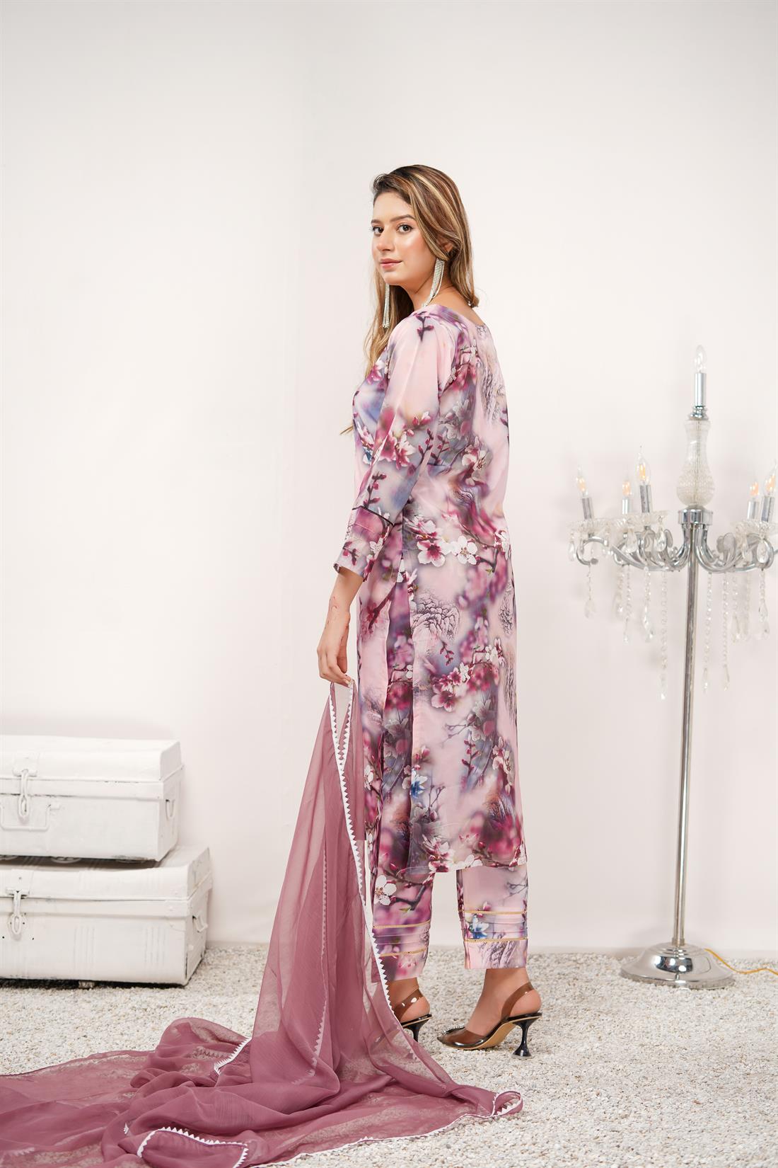 Pink & Multicolour Printed Chiffon Ladies Readymade